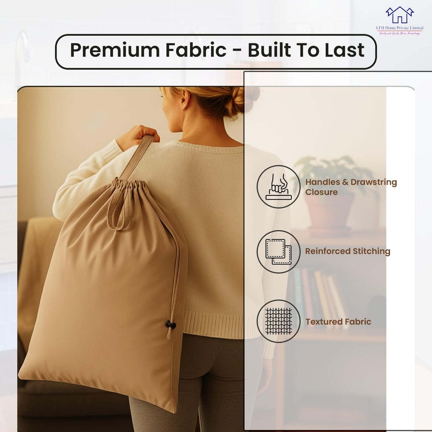 LFH Home Cotton Canvas Large Laundry Bag with Handle, Heavy Duty Drawstring Closure Washable Laundry Bags, School Travel, Home, Hotel, College Dorm, Organizer Sack, Toys Clothes 28x40-Beige