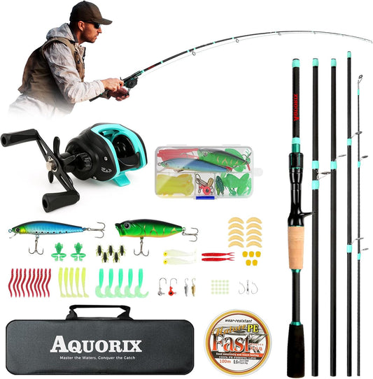 Fishing Pole Combo Set – Spinning & Baitcasting Travel Lure Rod Kit, Medium Power, X-Fast Action, 5'11"/6'11", 4/5-Piece Carbon Fiber Rod with Bag & Accessories