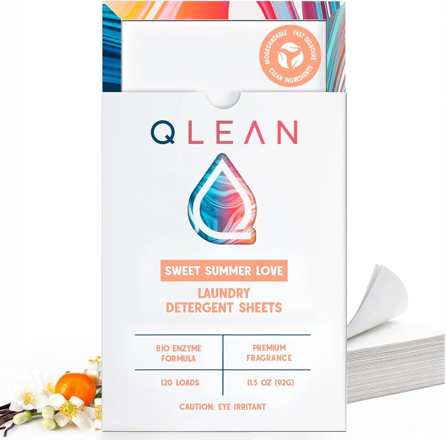 QLEAN Laundry Detergent Sheets – Travel-Friendly, HE & Standard Washer Safe, Liquidless Laundry Soaps, Quick-Dissolving Formula, Skin-Friendly (120 Loads, Sweet Summer Love)