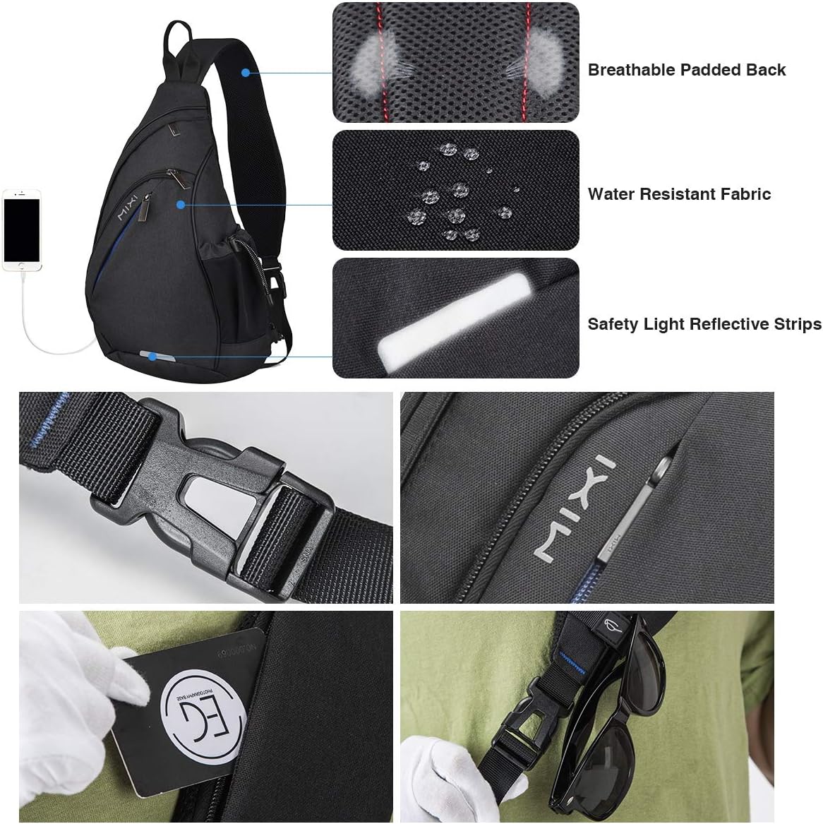 mixi Sling Bag Men Backpack Unisex One Shoulder Bag Hiking Travel Backpack Crossbody with USB Port for Men Women Versatile Casual Daypack-17 inch,Black