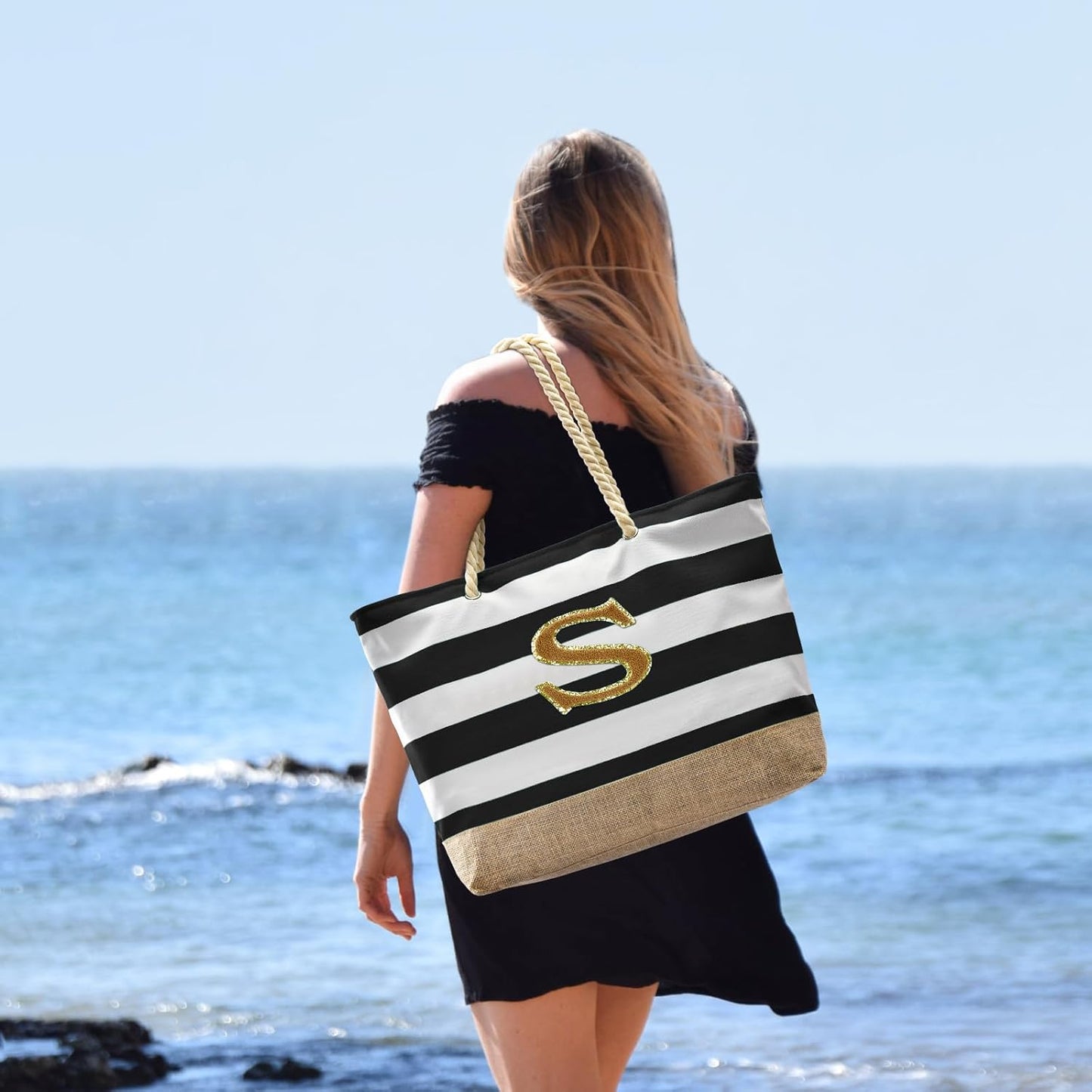 Becokan Beach Bag Initial Beach Tote with Makeup Bag for Travel Work Storage Personalized Birthday Gifts for Women Her