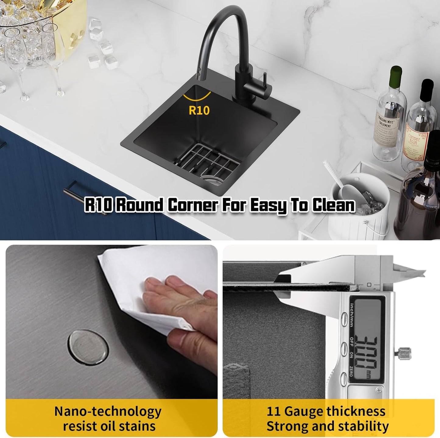 Small Black Kitchen Sink,13x15 Inch Stainless Steel Drop In Topmount Kitchen And Bar Sink Ideal Choice For Small Space, Prep Area, RV With Bottom Grid,Soap Mat And Drain Assembly