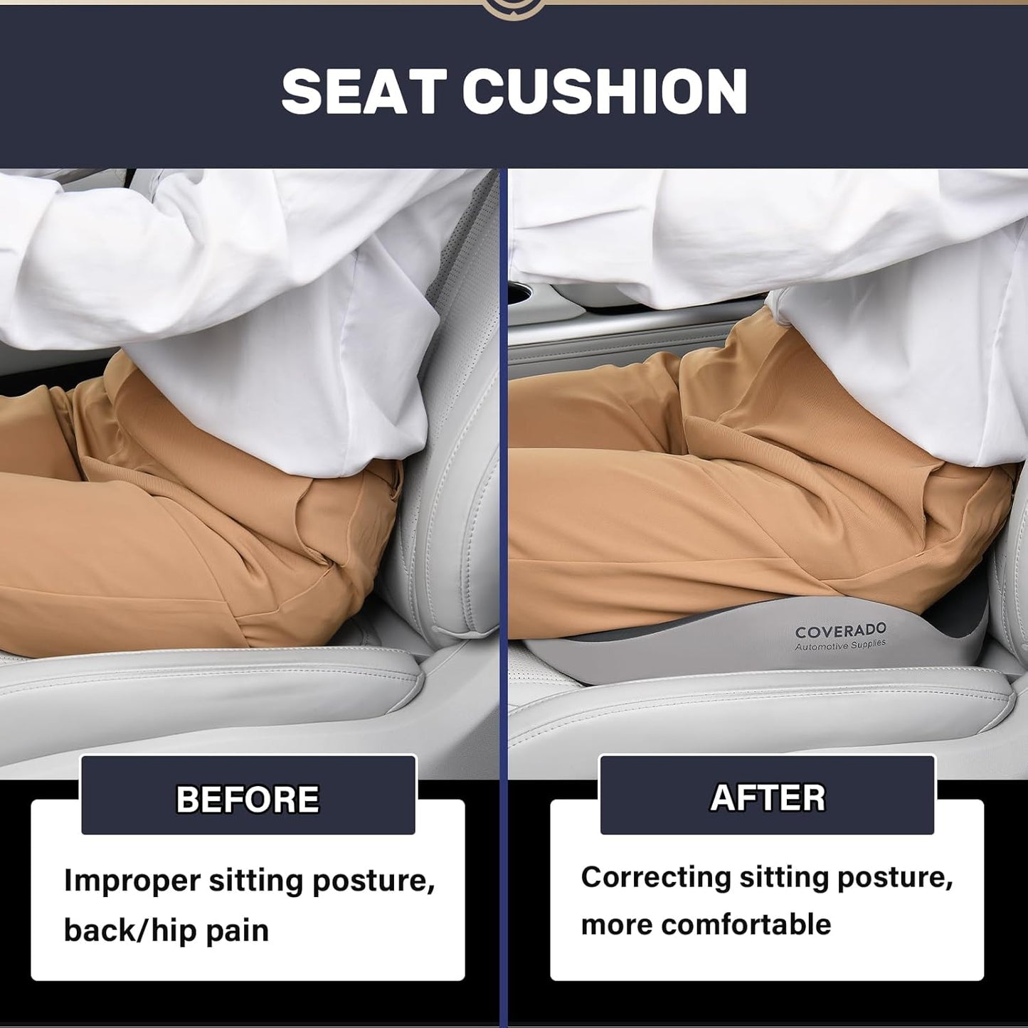 Coverado Car Seat Cushion with Memory Foam, Ergonomic Driving Seat Cushion for Sciatica, Tailbone, Back Pain Relief, Premium Non-Slip Washable Cushion for Car, Driver, Office, Wheelchair