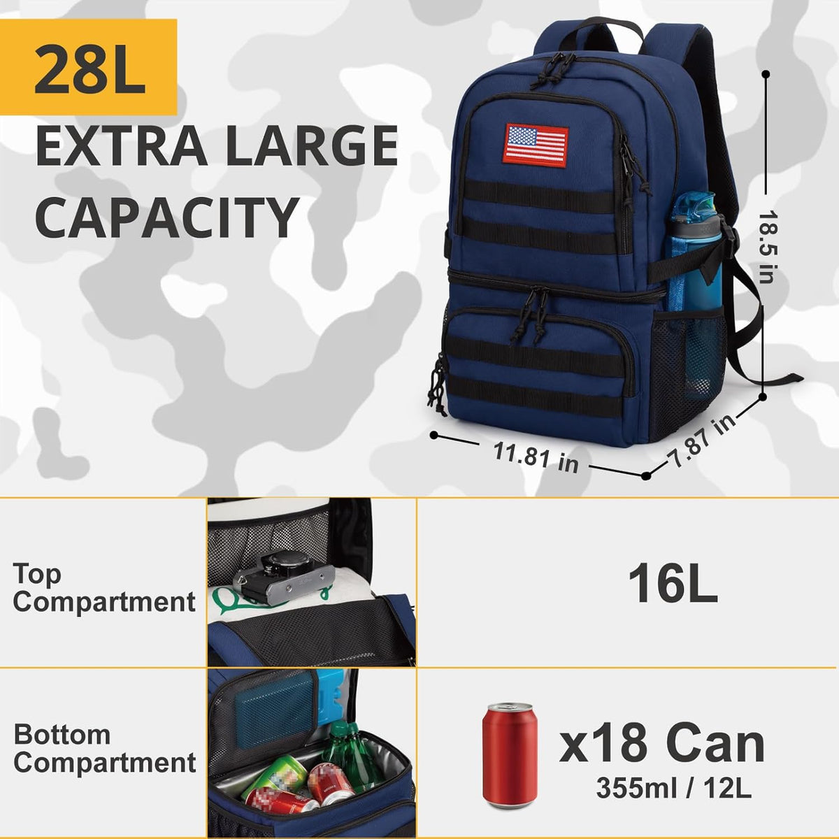 Tactical Double Deck Cooler Backpack for Men,Large Lunch Backpack with 2 Compartment,Soft Cooler Bag