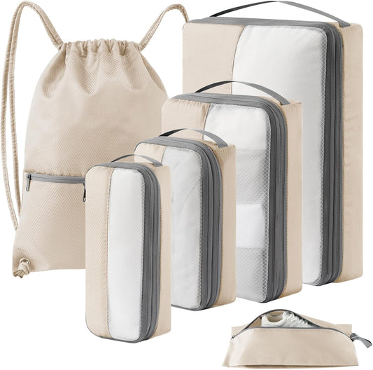 6 Set Compression Packing Cubes for Travel, Bonus Versatile Drawstring Backpack, Lightweight Luggage Organizer Bags, Sturdy Travel Accessories for Suitcase, Beige