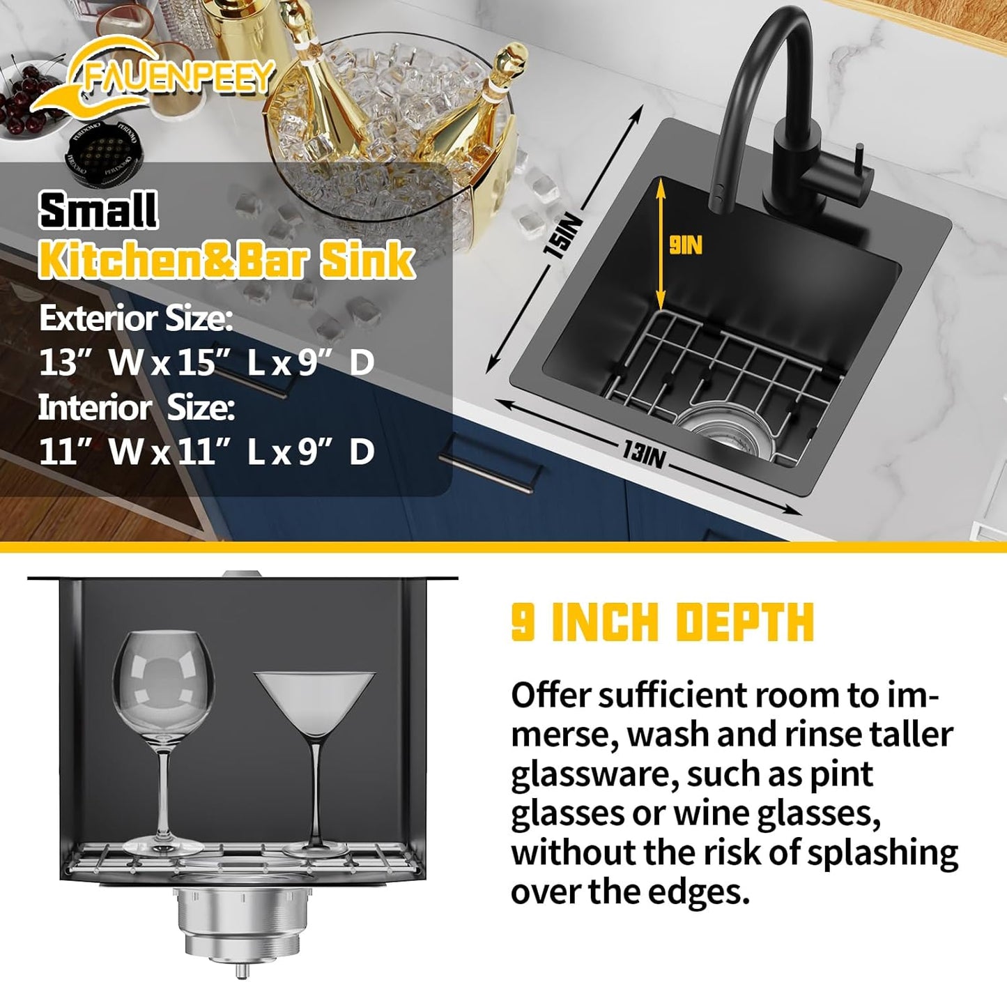 Small Black Kitchen Sink,13x15 Inch Stainless Steel Drop In Topmount Kitchen And Bar Sink Ideal Choice For Small Space, Prep Area, RV With Bottom Grid,Soap Mat And Drain Assembly