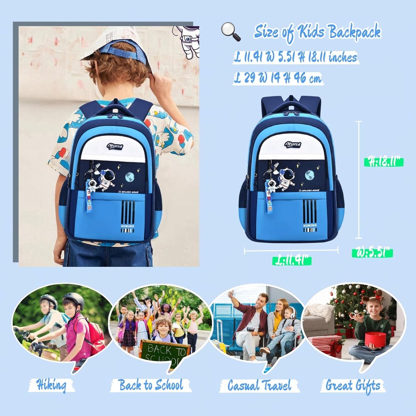 MITOWERMI Astronaut-space Backpack for Boys-Girls Elementary Middle School Backpack Book Bags for Boys Kids Lightweight Back Pack Blue