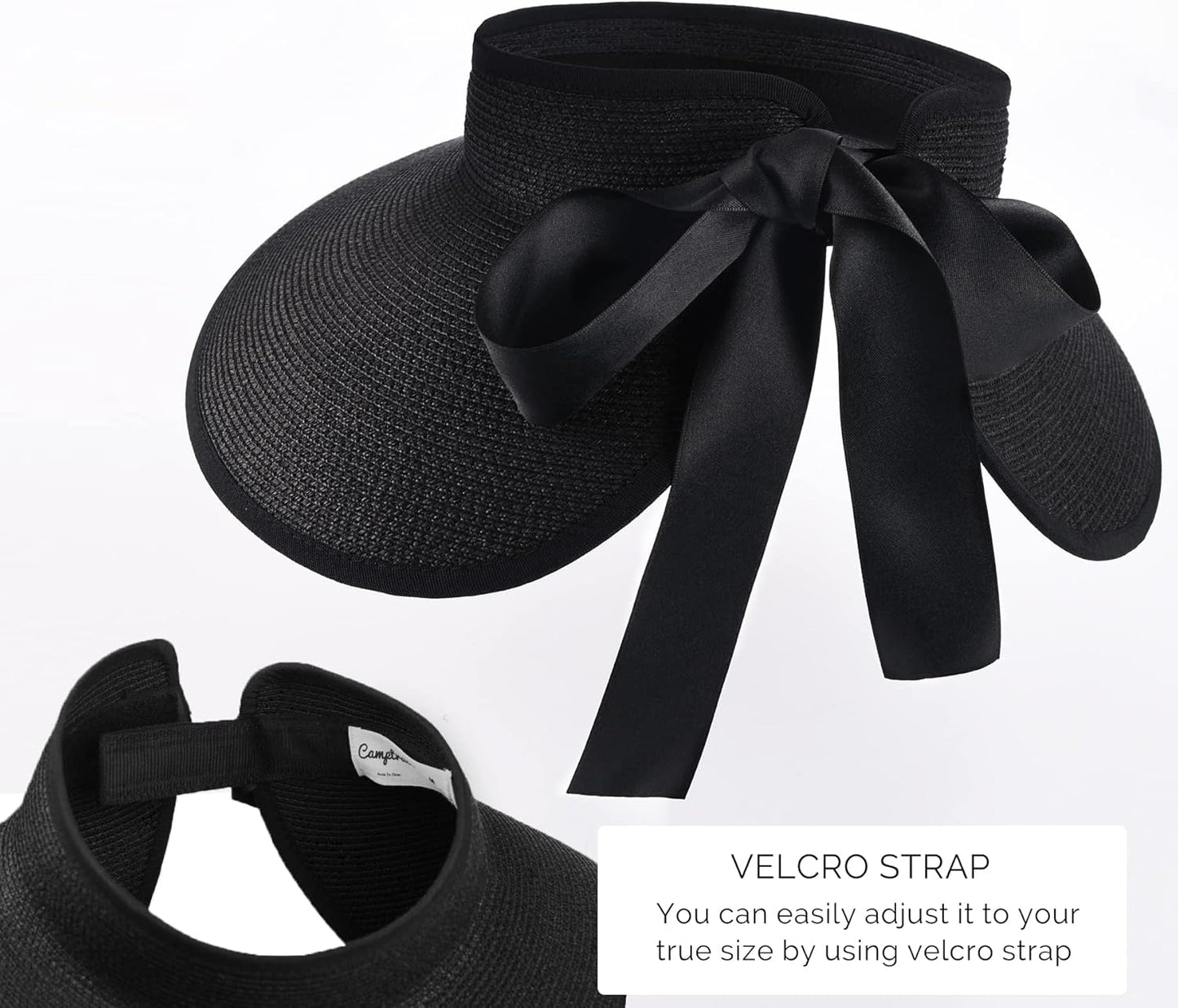 Camptrace Sun Visors for Women Wide Brim Beach Hat Foldable Straw Visor Hat Ponytail Summer Packable UPF 50+