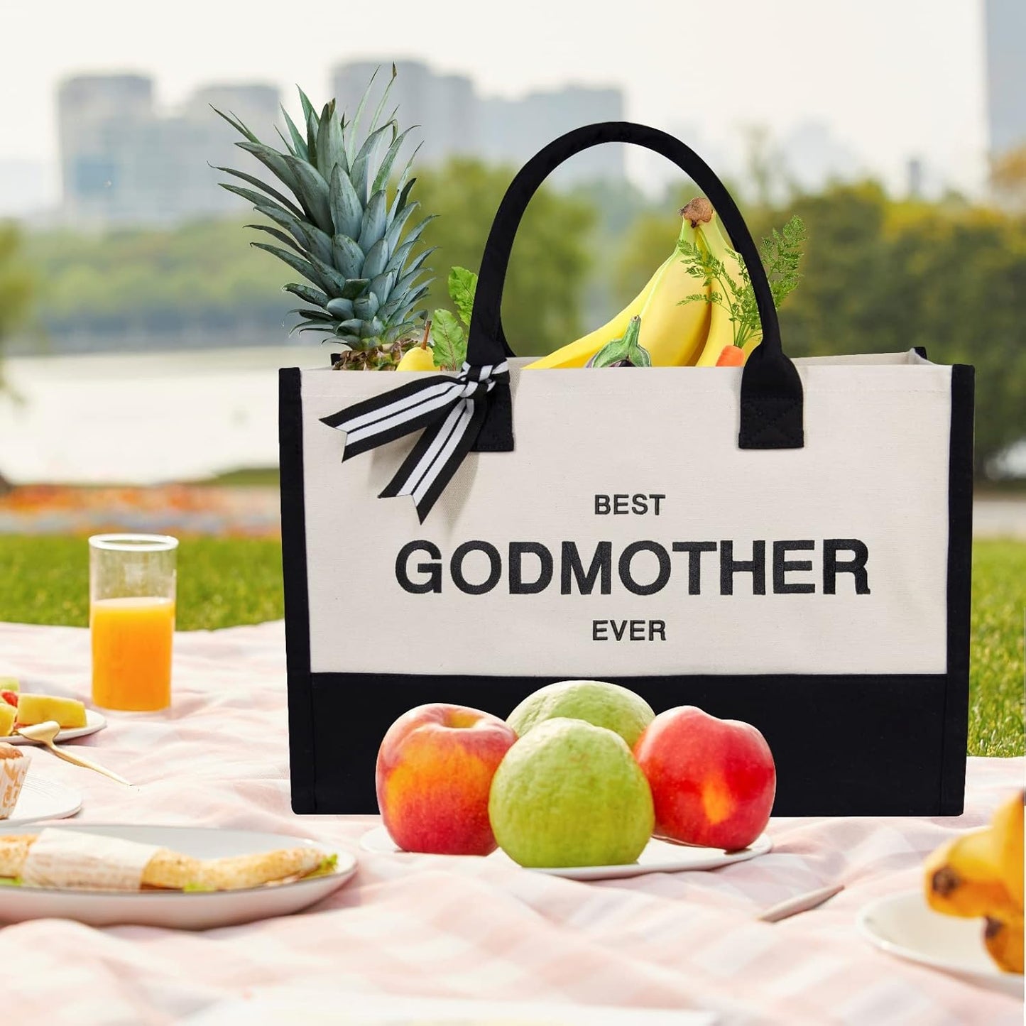 TOPDesign Embroidery Canvas Tote Bag for Women, Godmother Gifts from Godchild Goddaughter Godson, New Godmother Announcement Proposal Gifts, Personalized Bag for Beach, Holiday