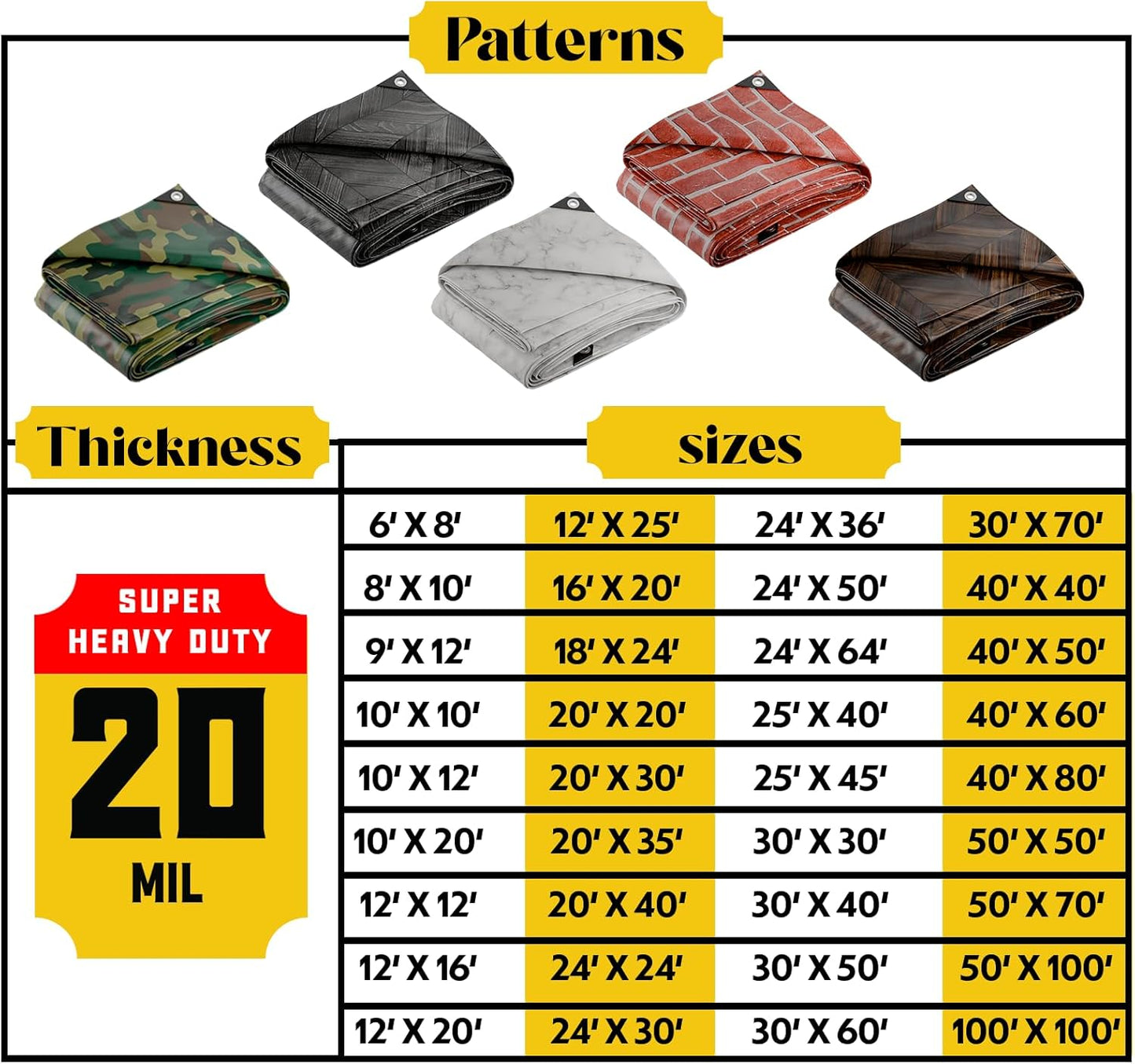 Core Tarps Extreme Heavy Duty 20 Mil Tarp Cover, Waterproof, UV Resistant, Rip and Tear Proof, Poly Tarpaulin with Reinforced Edges for Roof, Camping, Patio, Pool, Boat (Grey Wood/Black 25′ X 40′)
