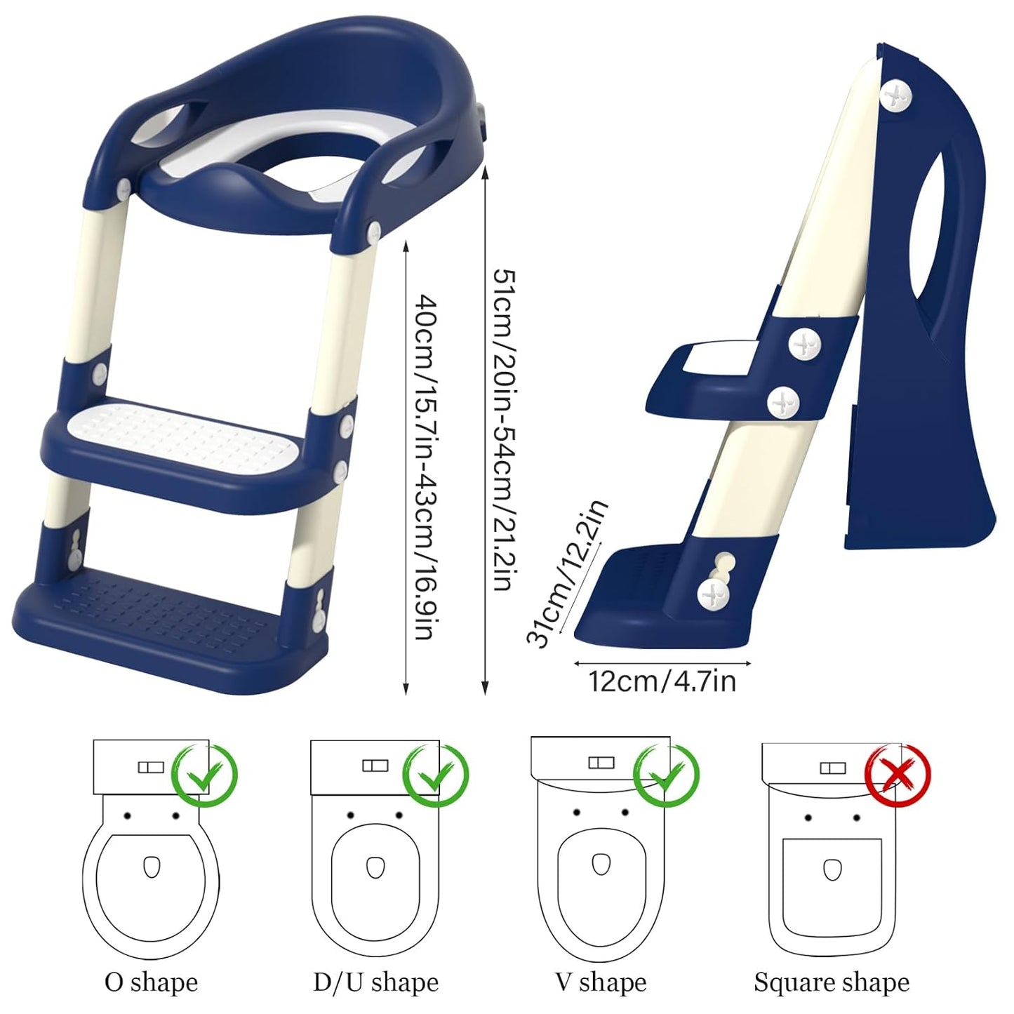 Potty Training Seat with Step Stool Ladder, Adjustable Foldable Potty Seat for Toilet with Anti-Slip Pads Ladder for Kids Boys Girls Toddlers - Navy Blue