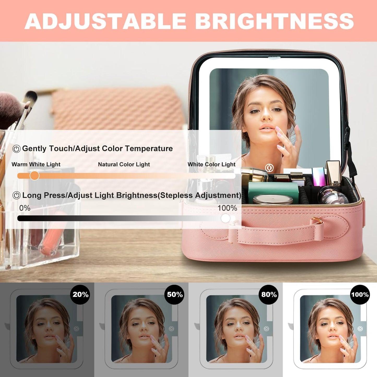 Mocado Travel Makeup Bag with LED Lighted Mirror,Travel Makeup Organizer,Makeup Case with 8 Makeup Brushes and 10x Magnifying Mirror,3 Colors Lighting, Adjustable Dividers Makeup Box(Pink)