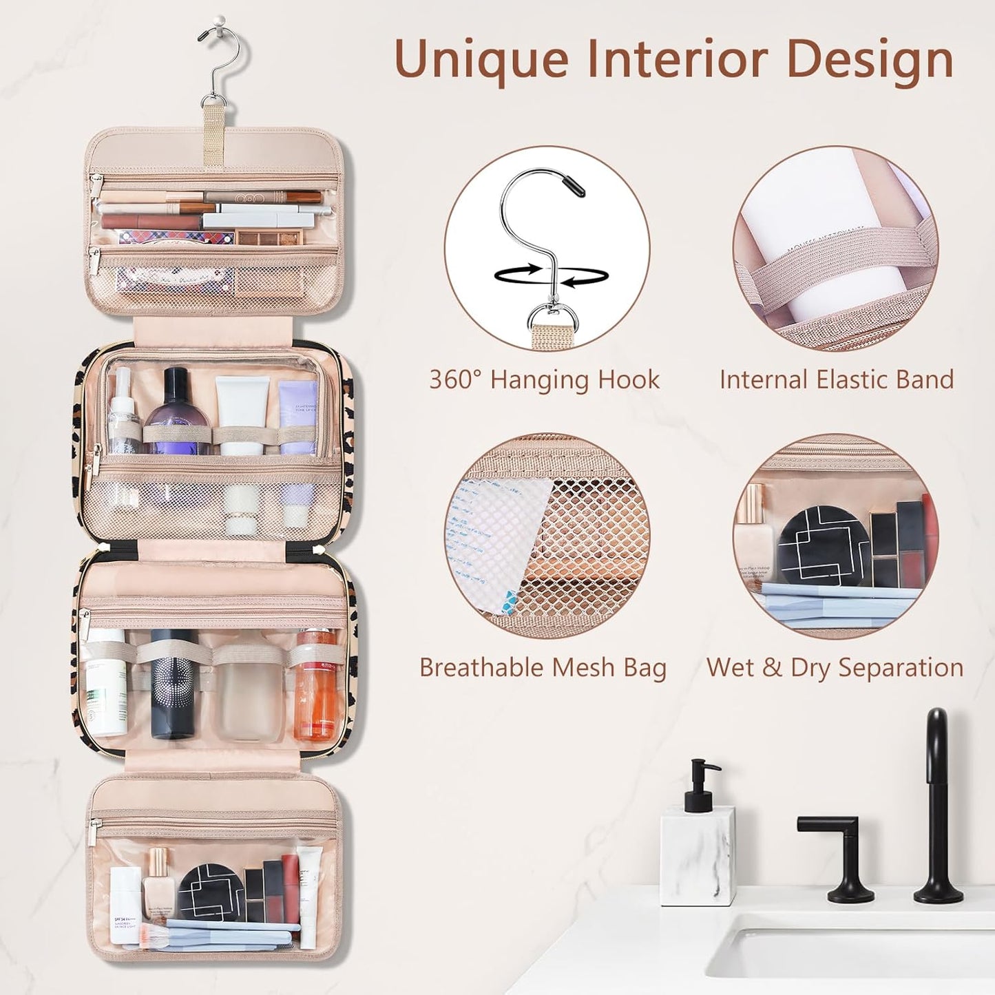 Wedama Toiletry Bag for Women, Hanging Travel Toiletry Bag with Jewelry Organizer Compartment Large Makeup Bag, PVC Waterproof Cosmetic Travel Bag Trips Camping Bathroom, Leopard Print