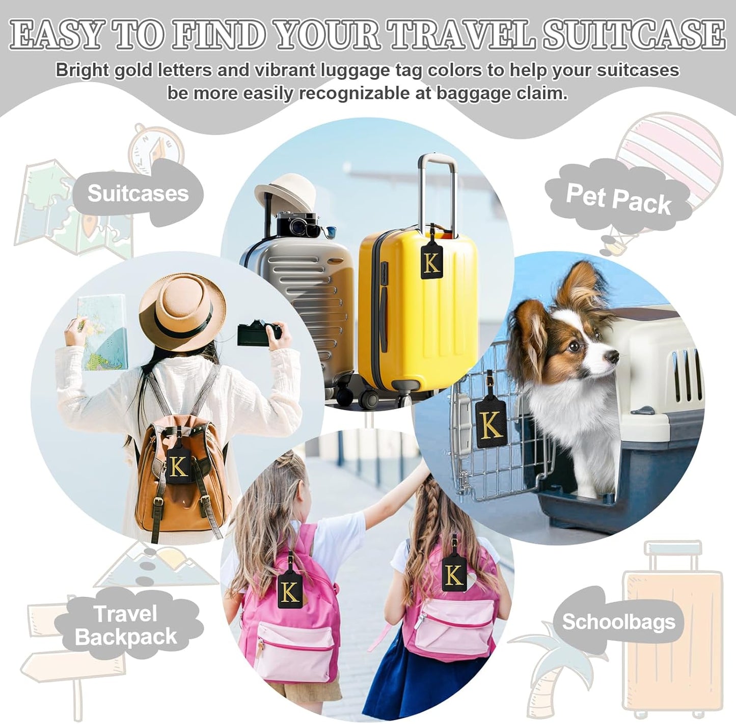 Personalized Initial Luggage Tags for Suitcase TSA Approved, Black Leather Cute Luggage Tag with Privacy Cover Name Card, Embroidered Custom Luggage Tags Travel Backpack Tags Gifts for Women Kids(K)