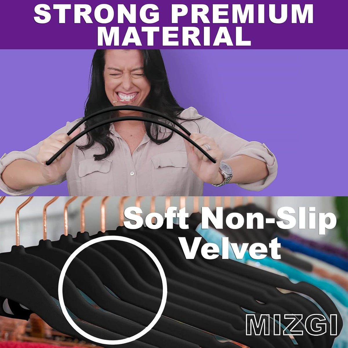 MIZGI Premium Velvet Hangers (50 Pack) Heavy Duty - Non Slip Felt Hangers - Velvet Suit Hanger Black - Rose Gold Hooks,Space Saving Clothes Hanger