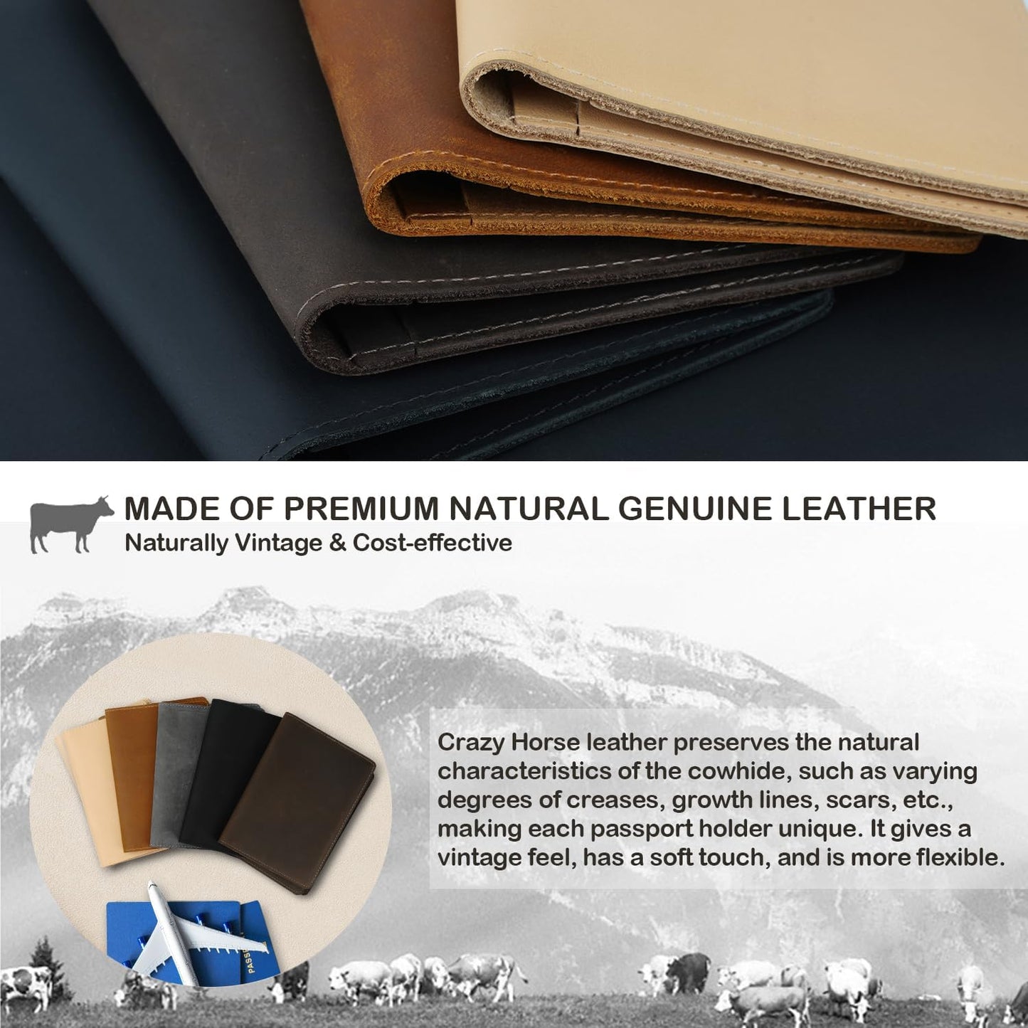Real Leather Passport Holder for Men and Women, Handmade Wallet Cover Case, Travel Must-Haves Essentials Accessories, Birthday Gifts (Crazy Horse, Beige)