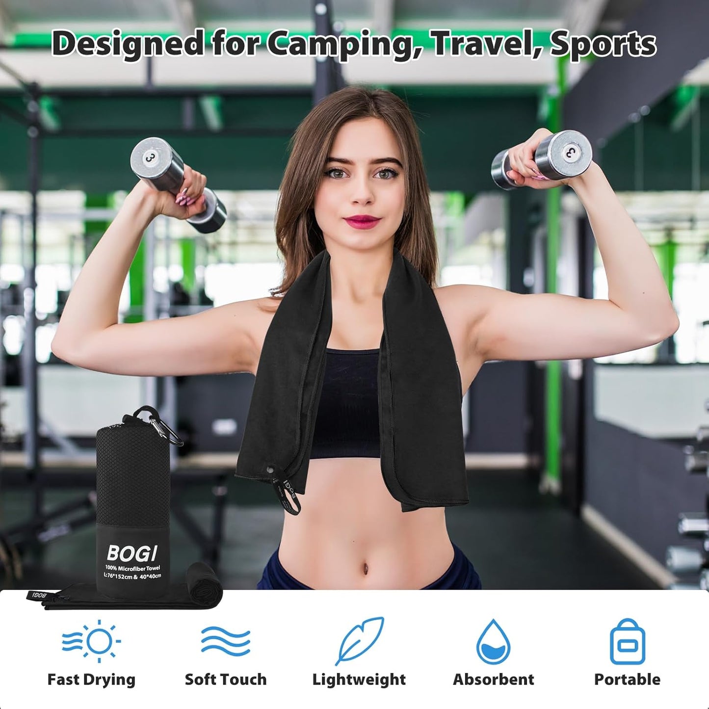 BOGI Microfiber Travel Sports Towel-Quick Dry Soft Lightweight Absorbent Compact for Camping Gym Beach Bath Yoga Swimming Backpacking (M:40''x20''-Black)