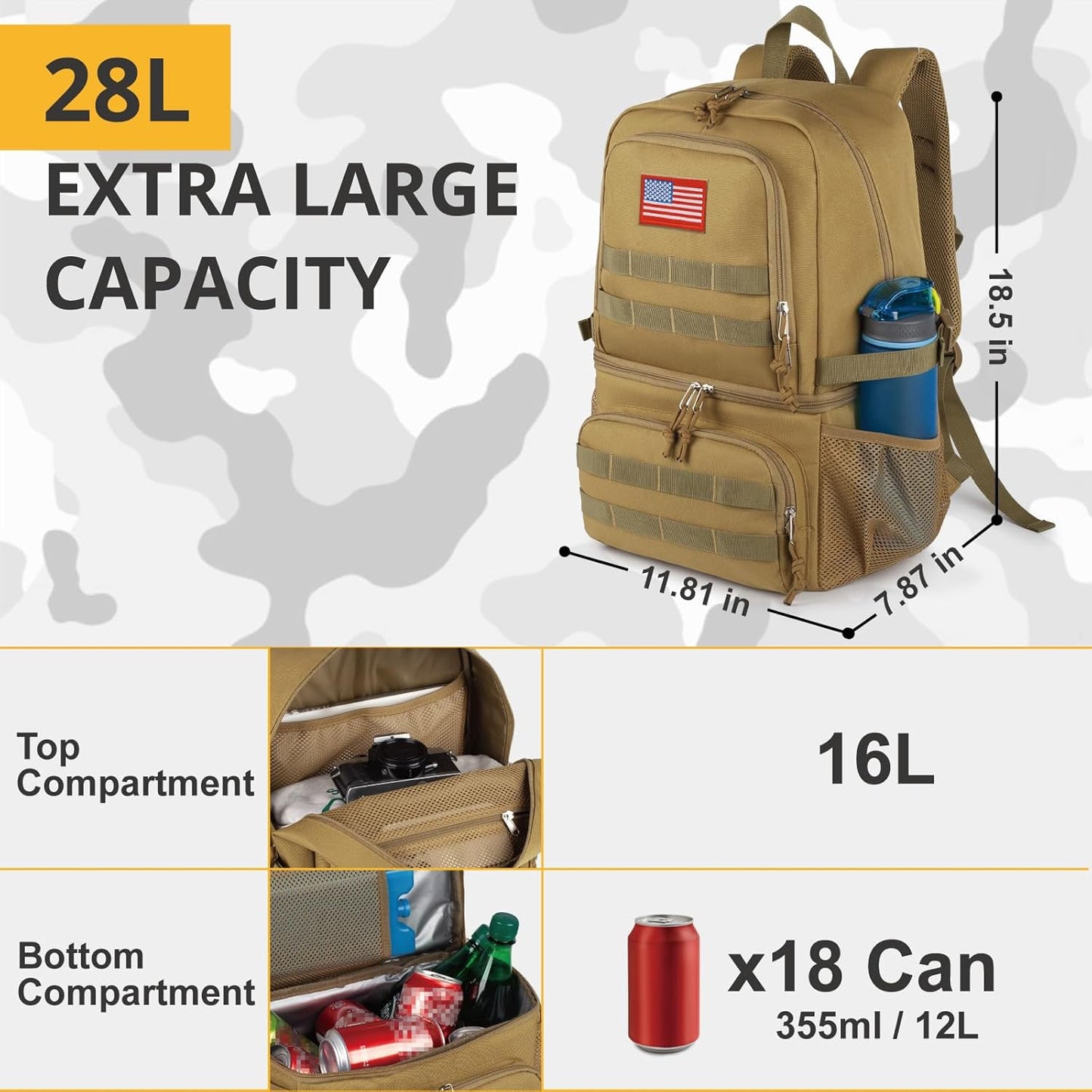 Tactical Double Deck Cooler Backpack for Men,Large Lunch Backpack with 2 Compartment,Soft Cooler Bag