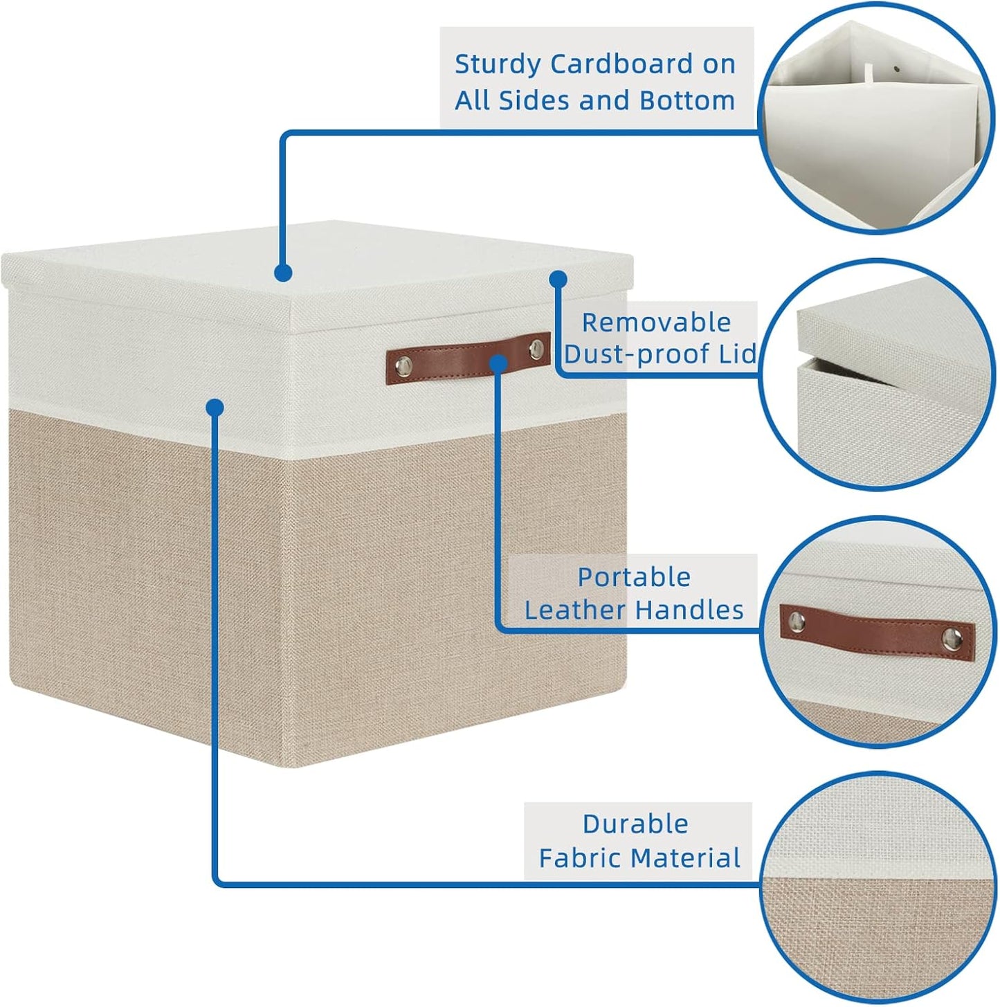 Temary Fabric Storage Bins with Lids 13 Inch Storage Cubes with Lid, Decorative Foldable Storage Boxes for Clothes, Closet Organizers (White&Khaki, 13x13x13inch)