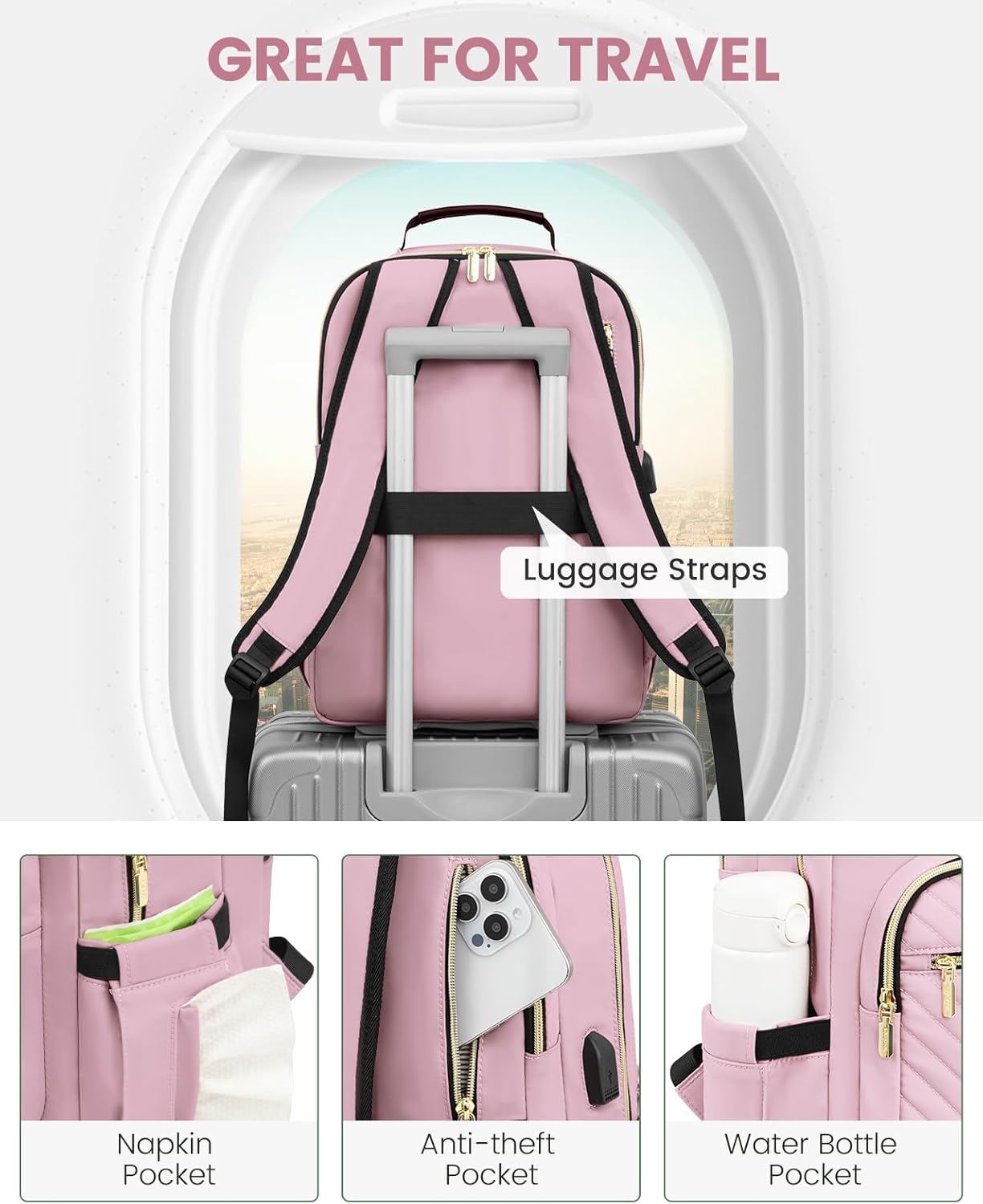 LOVEVOOK Laptop Backpack Purse for Women, Work Travel Computer Bags, College School Backpack for Student Girl, Quilted Casual Daypack with USB Port, Fit 15.6 Inch Laptop, Light Pink