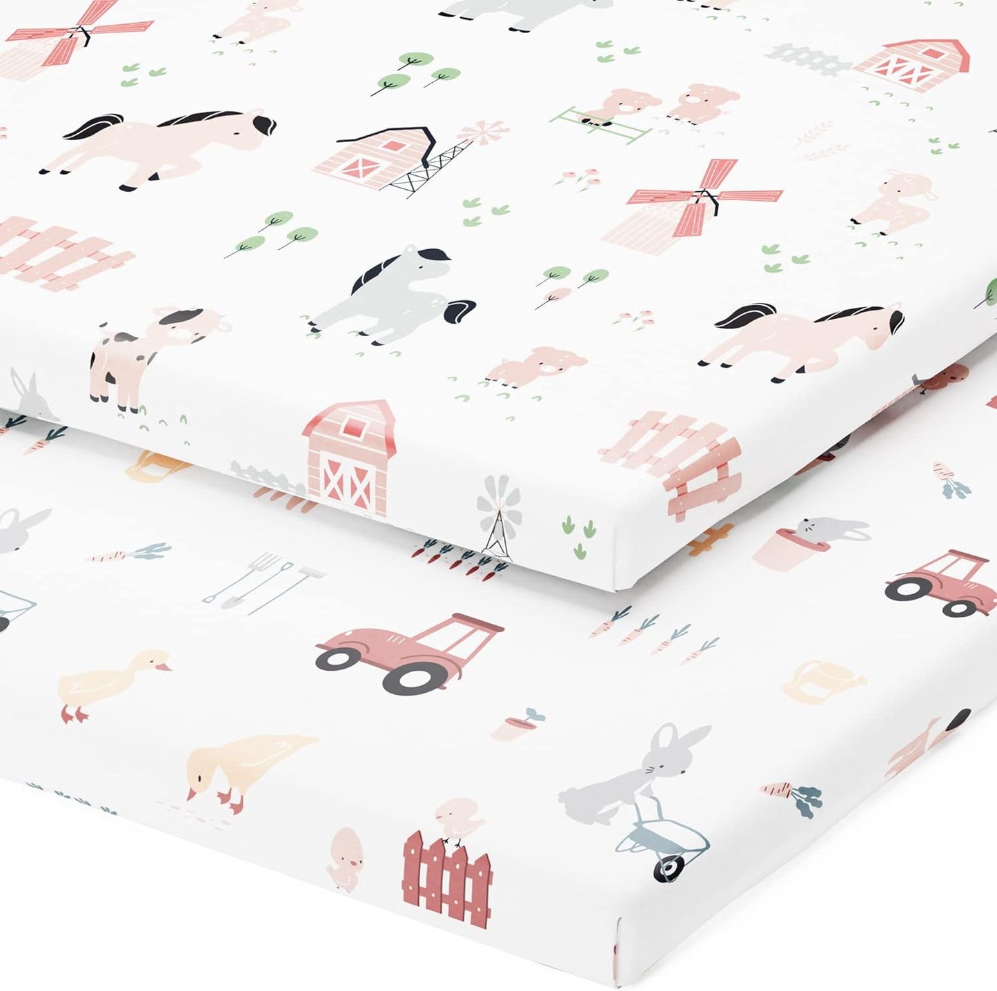 Pack and Play Sheets Fitted – Compatible with 4moms Breeze Plus Playard and Other Large Playpen Mattress – Snuggly Soft 100% Jersey Cotton – Farm Animals – 2 Pack