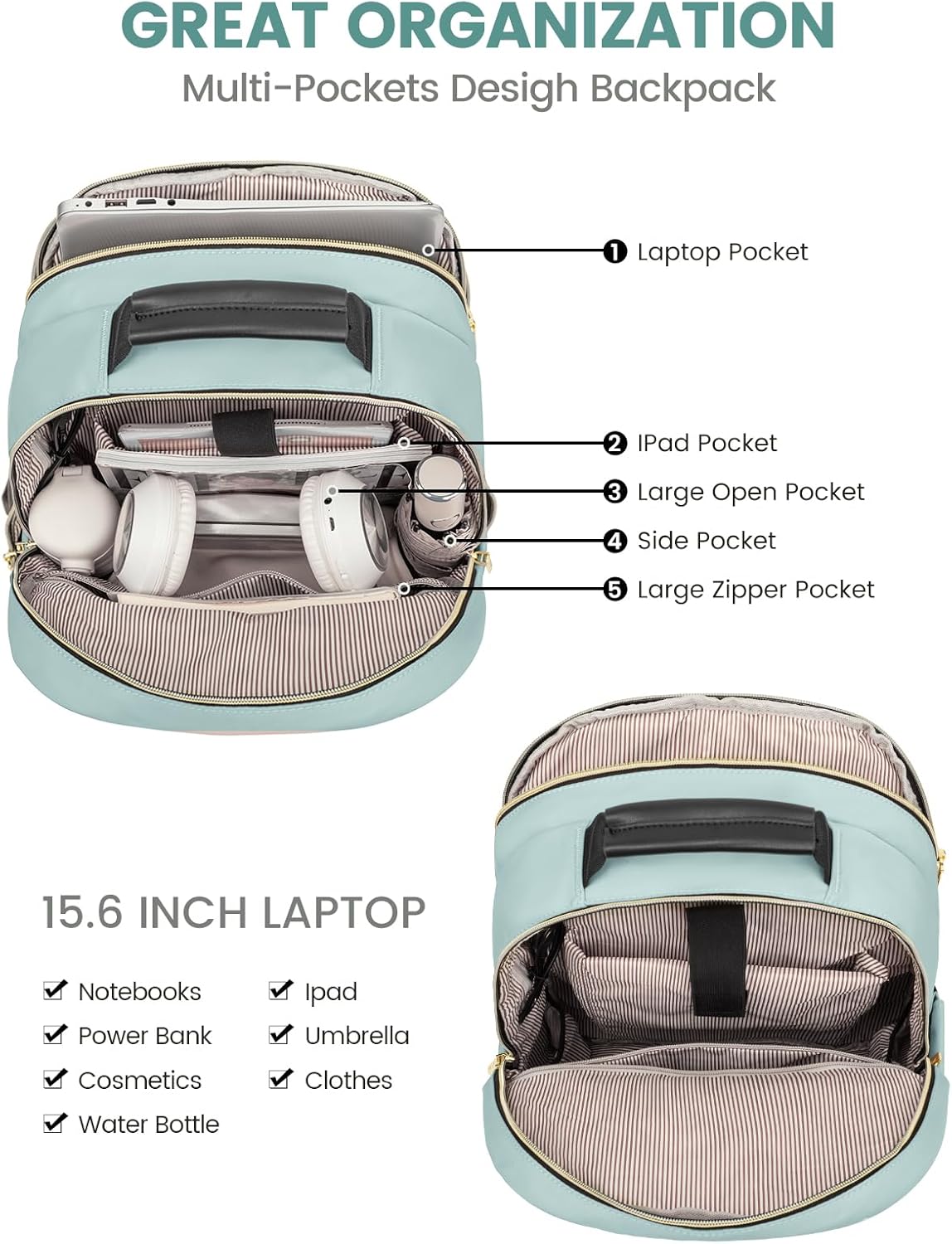 LOVEVOOK Laptop Backpack Purse for Women, Work Travel Computer Bags, College School Backpack for Student Girl, Quilted Casual Daypack with USB Port, Fit 15.6 Inch Laptop, Mint Green