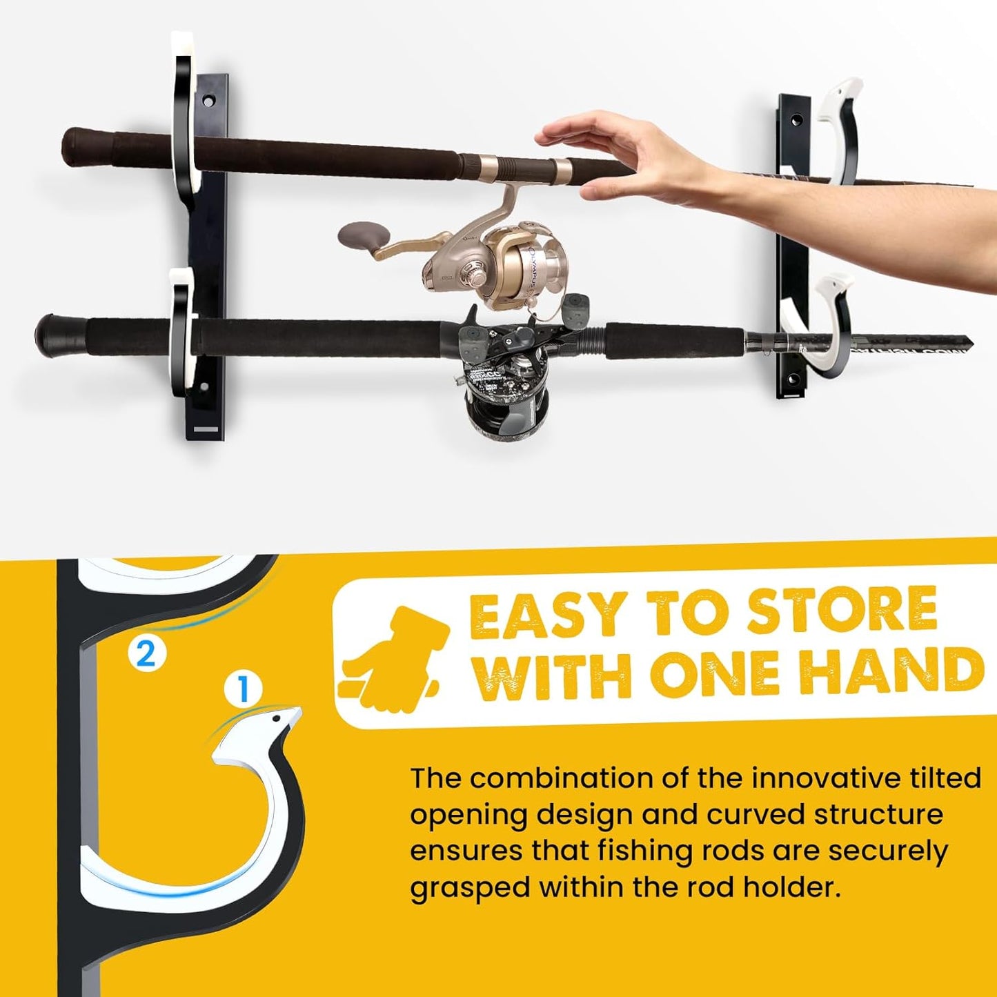 QudraKast Horizontal Fishing Rod Holder for Garage Wall Ceiling Mount - Fishing Pole Holders Fishing Rod Rack Holds Up to 4 Rods or Combos, Ideal Fishing Gift (2pack)