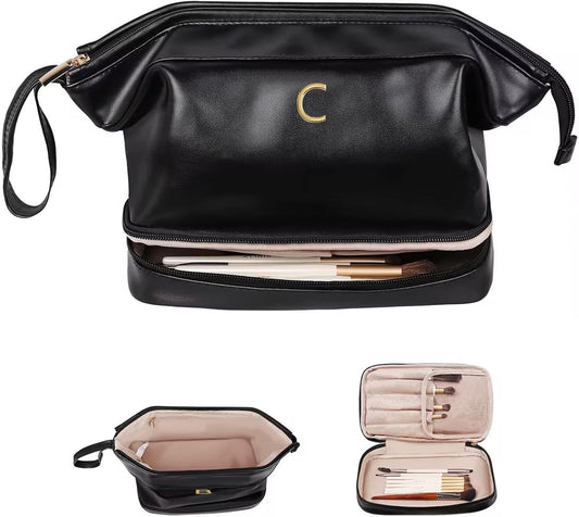 Gifts for Friends Female Mom, Initial Makeup Bag, Personalized Double Layer Cosmetic Bag with Makeup Brush Organizer, Waterproof, Large Capacity PU Leather Travel Toiletry Bag, Gift for Wife