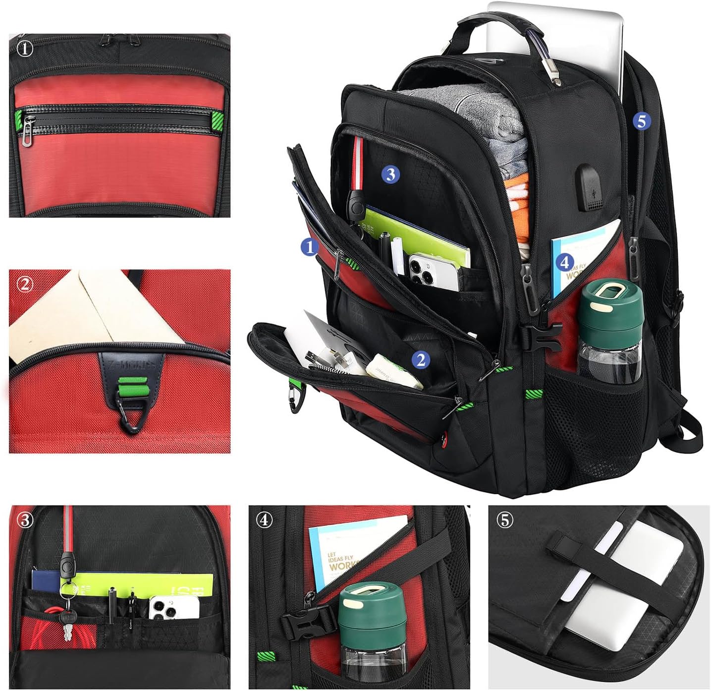 Z-MGKISS 52L Extra Large Laptop Backpack, Travel Computer Bag with USB Port, TSA-Approved Business Rucksack for Men Women, Heavy Duty Backpack Fits 17.3 Inch Laptop & Notebook, Red