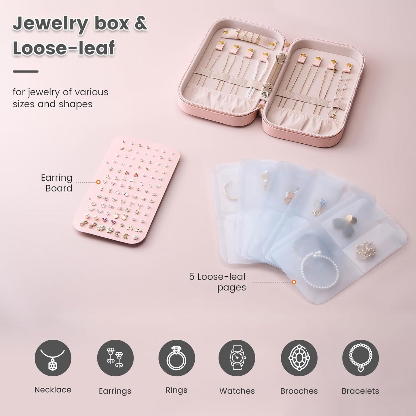 Lolalet Travel Jewelry Organizer, Jewelry Storage Case with Pocket, Earrings Necklaces Bracelets Ring Zippered Storage Pouch for Women -Pink