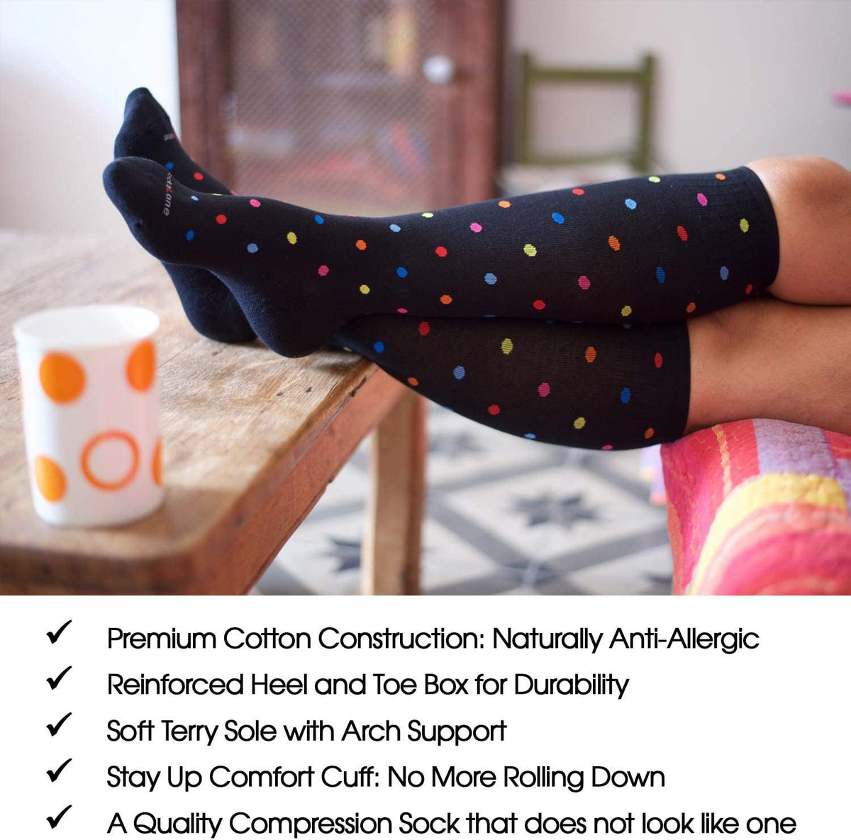 Cotton Compression Socks for Women & Men. 15-20 mmHg Support Knee-High Black X/L