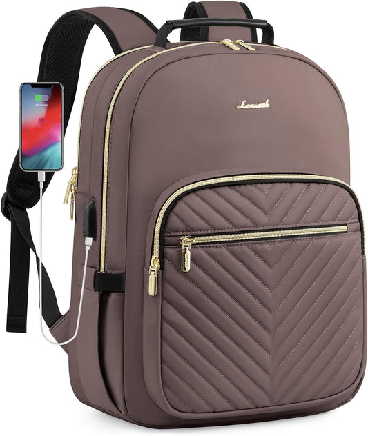 LOVEVOOK Laptop Backpack Purse for Women, Large Capacity Travel Business Computer Work Bag, Quilted Casual Nurse Backpack for Womens, Fit 15.6 Inch Laptop with USB Port, Brown