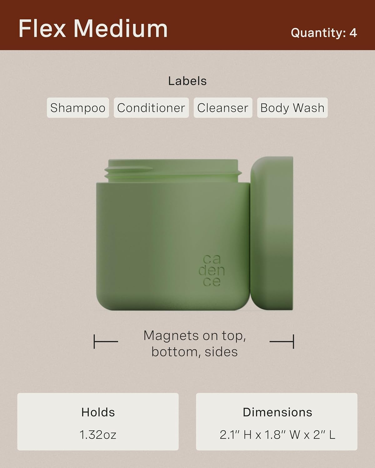Cadence Travel Containers - Daily Routine Capsule Set - Magnetic Containers with Lids,4 Flex Mediums (1.32oz) & 3 Flex Smalls (0.56oz) - Shampoo, Conditioner, Body Wash, Pills, & More - Pacific