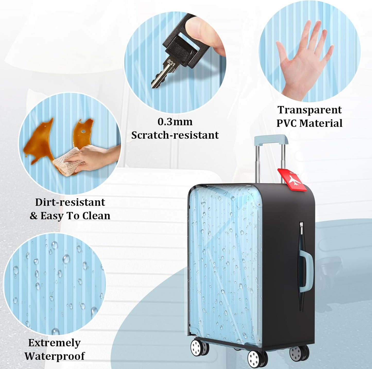 Upgraded Clear TPU Luggage Cover Protector with Black Stretchable Sides, Fit 30 Inch Travel Suitcase TSA Approved, Waterproof & Anti-Scratch, Includes Free Red Luggage Tag