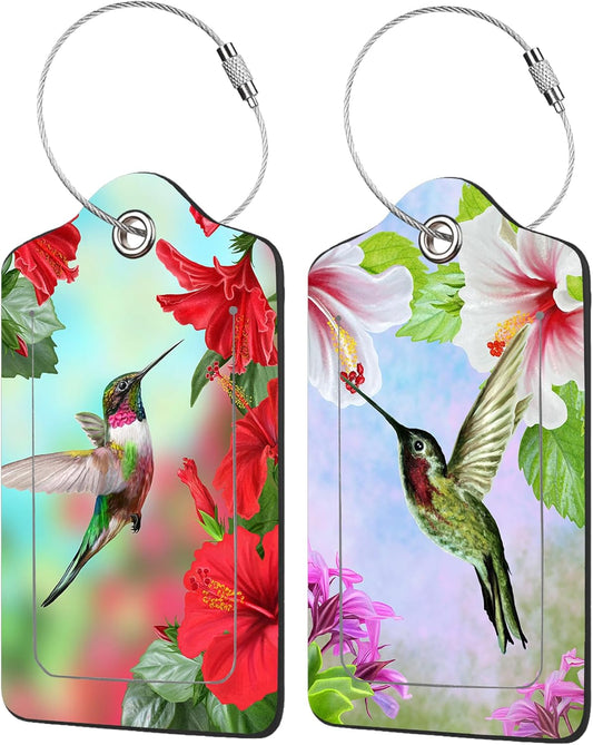 2 Pack Hummingbird with Hibiscus Luggage Tags for Suitcases,Hummingbird with Flower Leather Baggage Suitcases Tag Name ID Label Privacy Cover Travel Bag Tags for Women Men Boys Girls