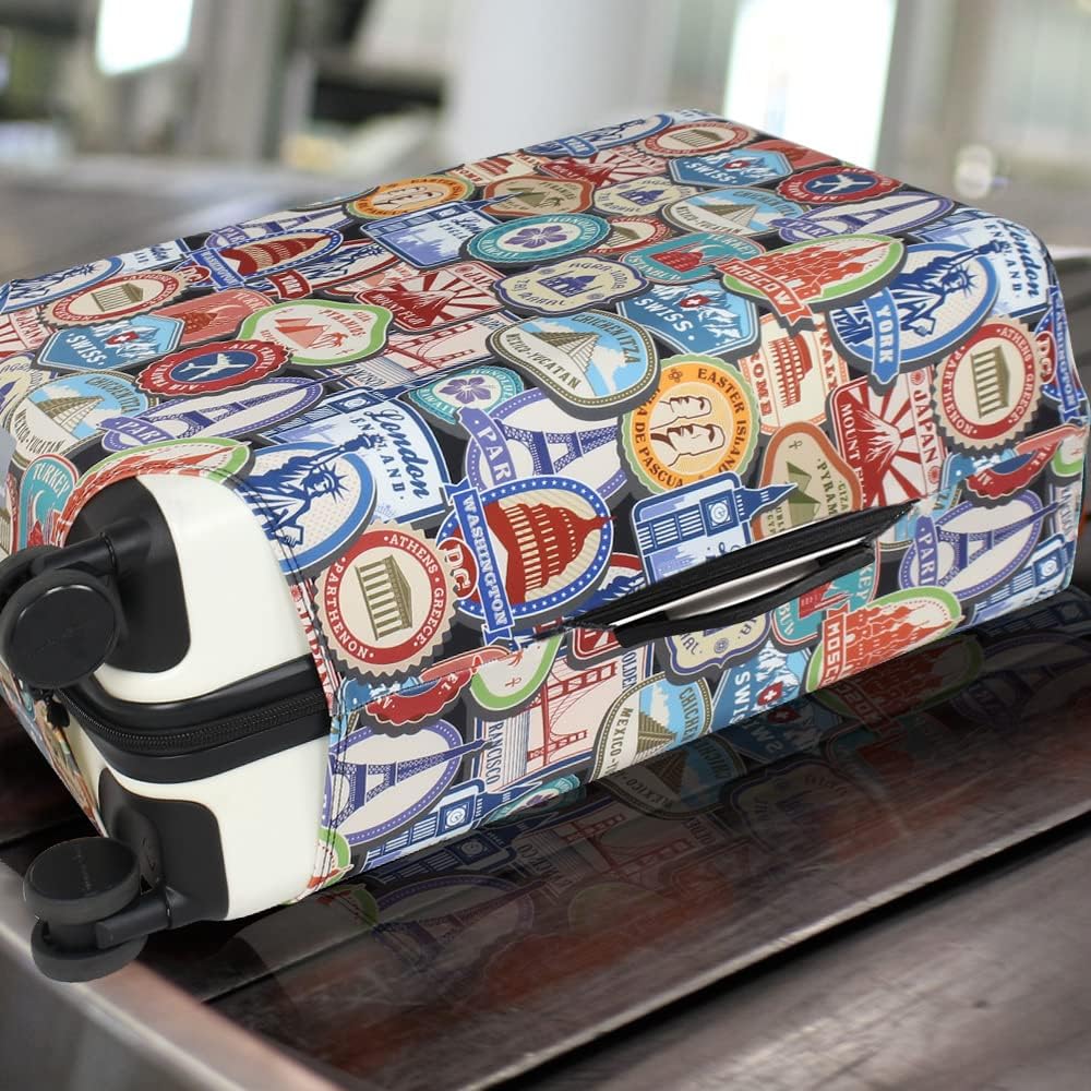 Explore Land Travel Luggage Cover Suitcase Protector Fits 23-26 Inch Case (Landmark Sticker, M)