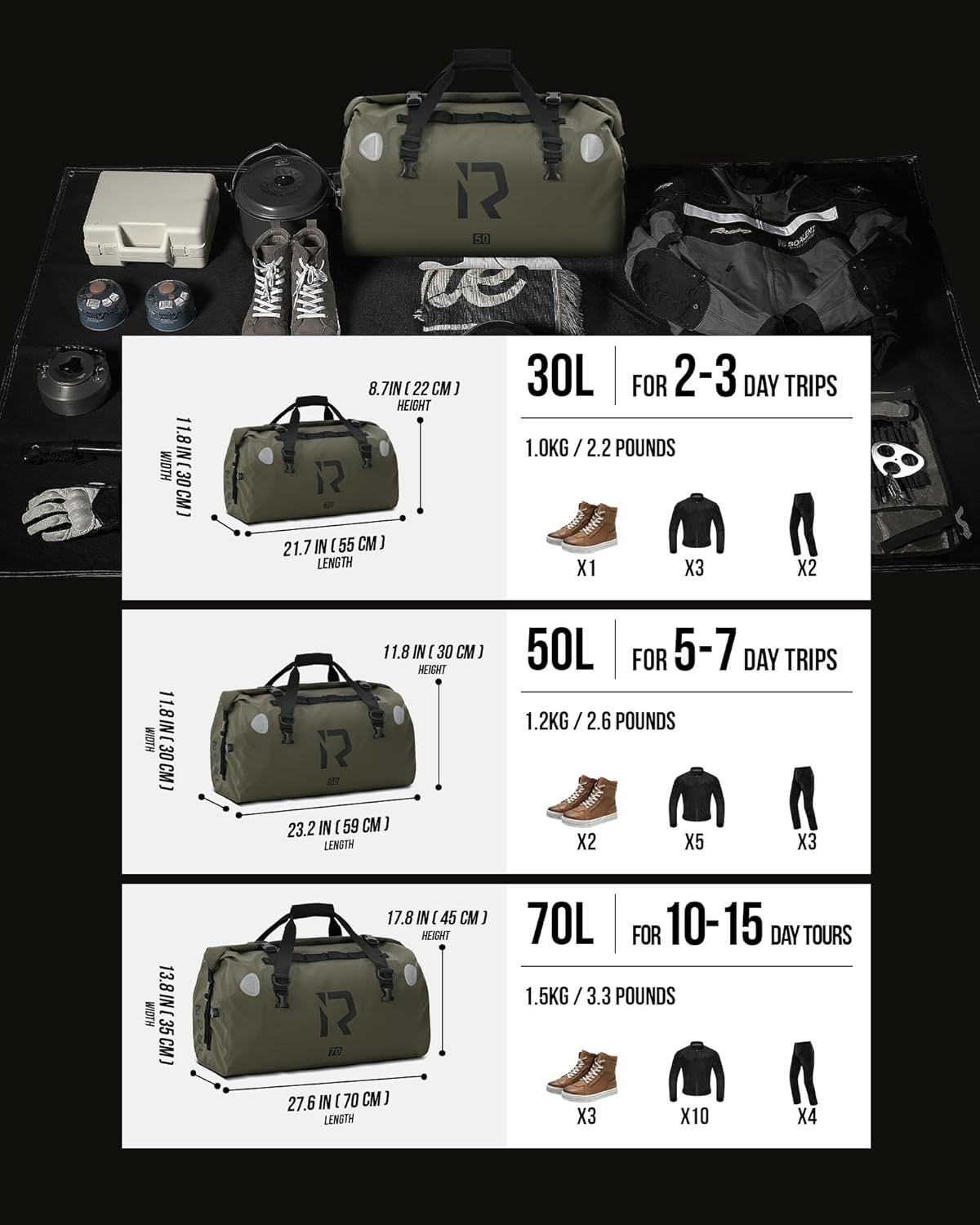 BORLENI Waterproof Motorcycle Dry Duffel Bag Luggage Tail Bag with Large Storage Space,Roll Top Closure, Shoulder Straps, Inner Pocket and Mesh Pocket for Motorcycling Travel Camping (Army Green,50L)
