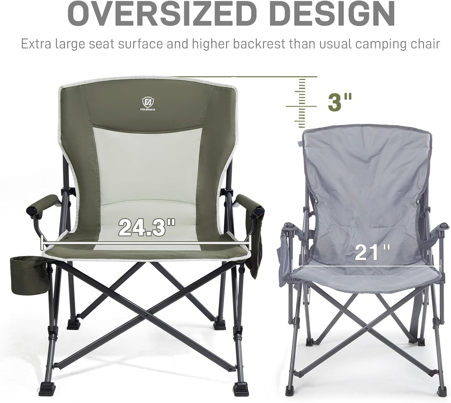 EVER ADVANCED Oversized Folding Camping Chair, for Adults Heavy Duty Lawn Chair with Side Pockets, Portable Collapsible Quad Chair for Outside, Support Up to 500lbs, Green 2Pack