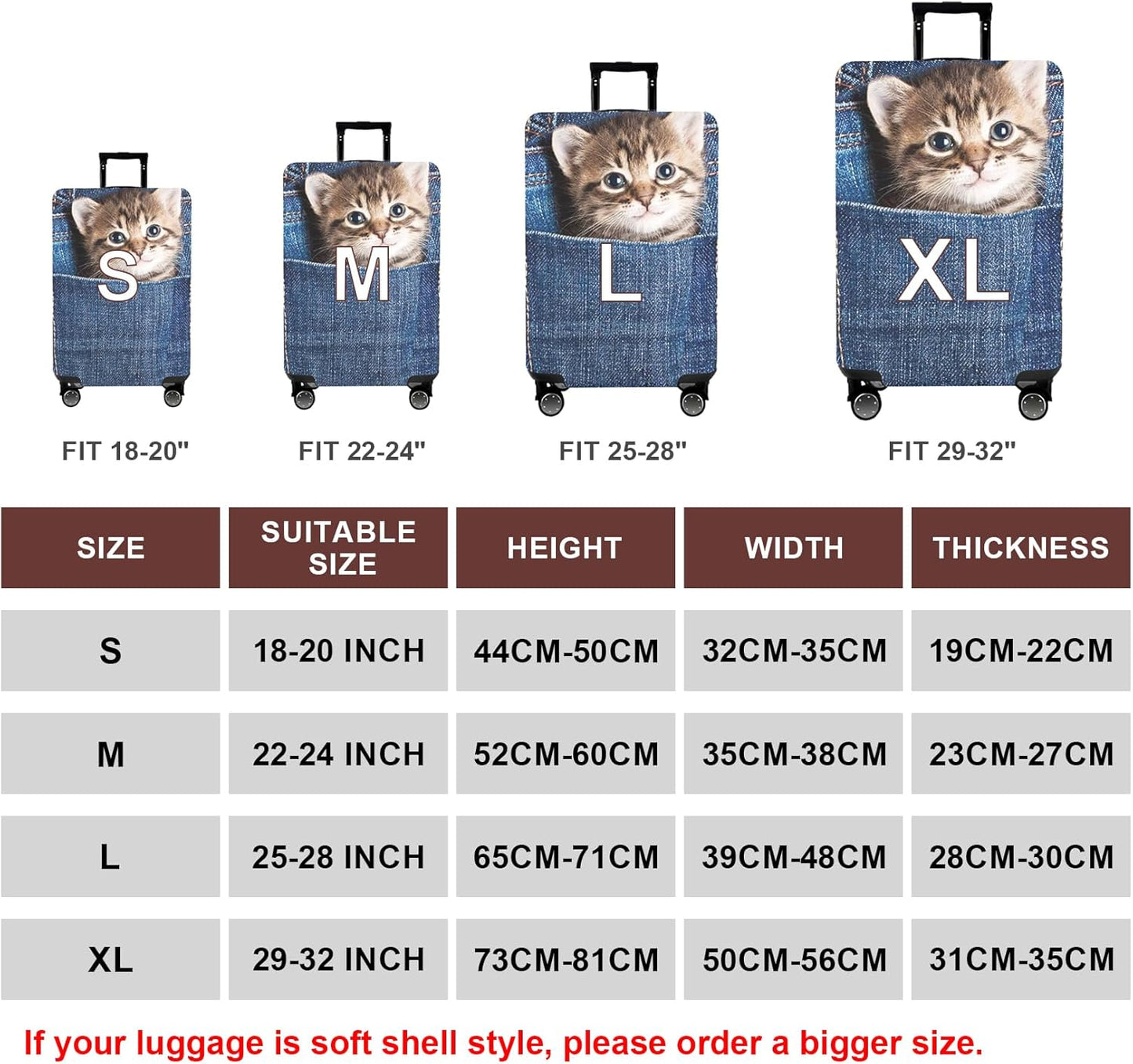 WUJIAONIAO Travel Luggage Cover Baggage Suitcase Cover Protector Skins 18-32 Inch (Cat B, XL (for 29-32 inch luggage))