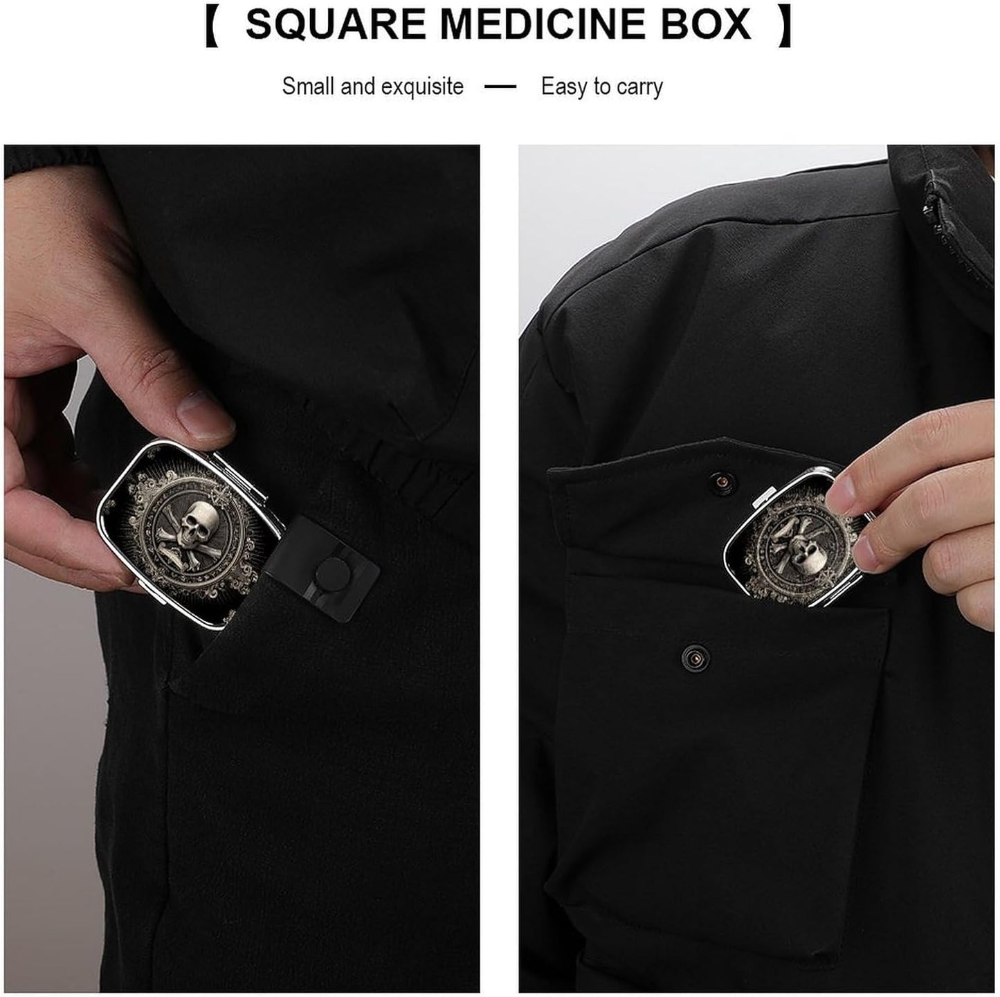 Metal 2 Compartment Pill Organizer Travel Friendly Portable Compact Pill Box Cute Pill Case,for Pocket Wallets Daily Portable Medicine Vitamin Tablet Storage (Skull)