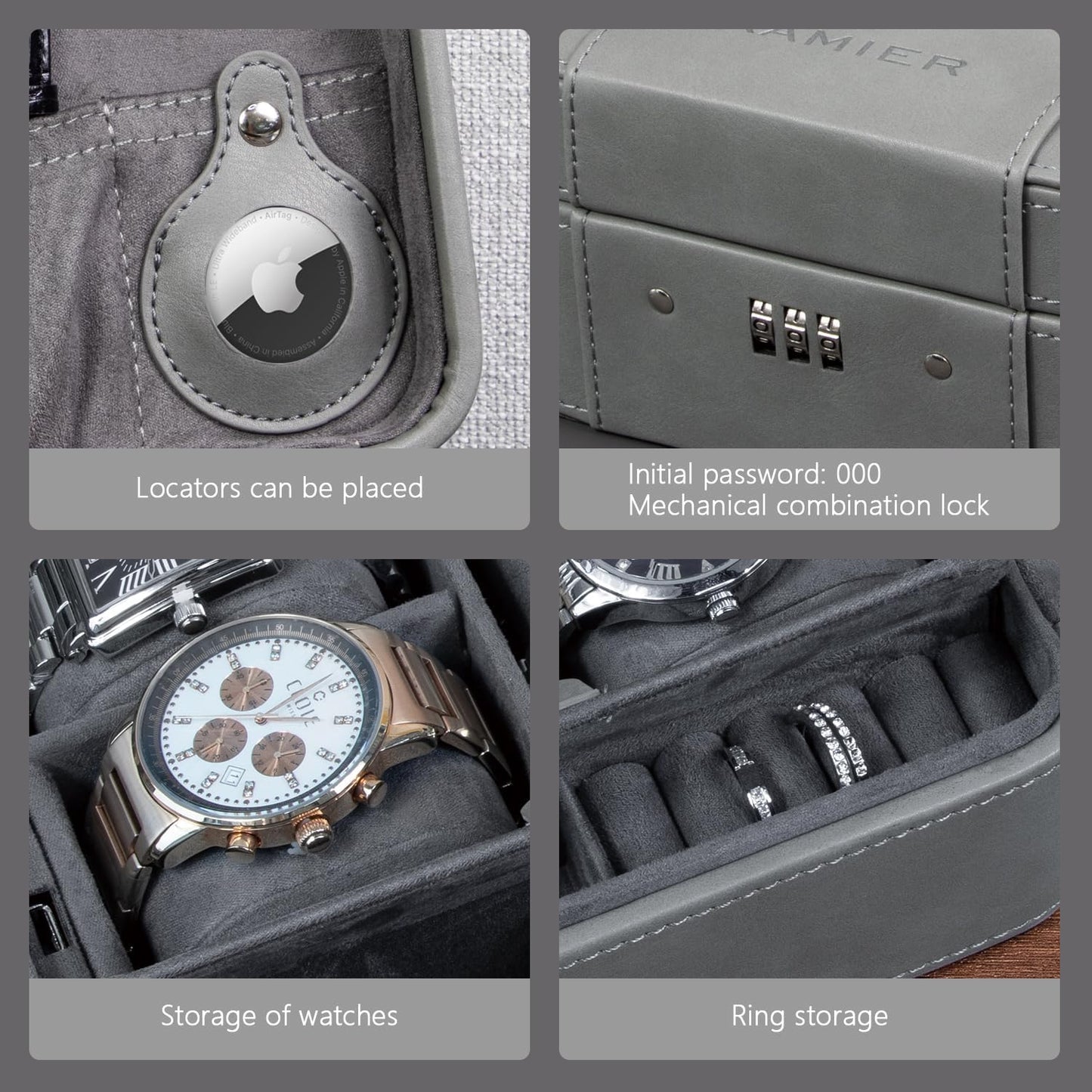 KAMIER Watch Case with Combination Lock - 4 Watch Storage and Jewelry Organizer - Watch Travel Case for Ring and Watch Storage, PU Leather Travel Watch Case, Ideal for Gift (With Gift Box), Grey
