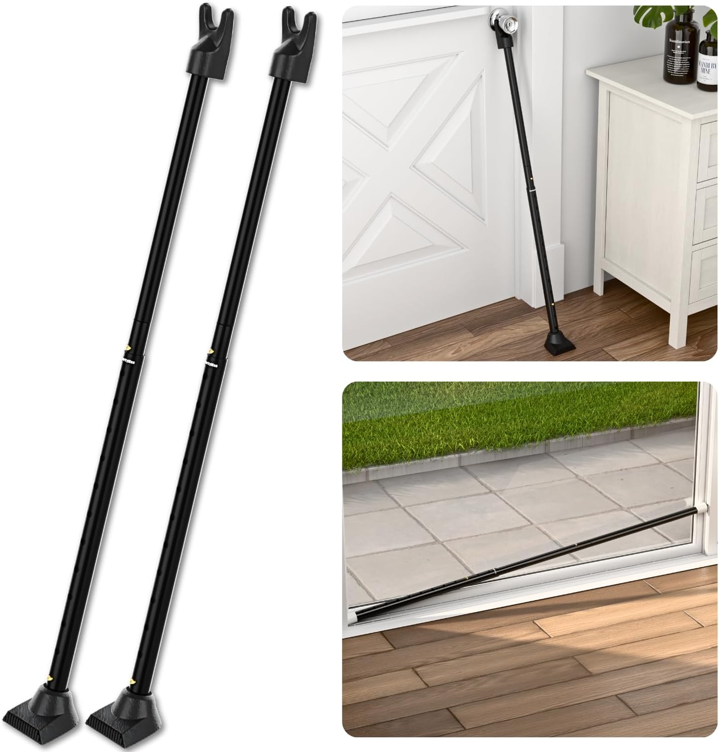 SECURITYMAN 2-in-1 Door Security Bar & Sliding Patio Door Security Bar (2 Pack) via Interchangeable Caps - Heavy Duty Iron Construction Door Stoppers Lock for Home, Apartment, Travel Hotel - Black