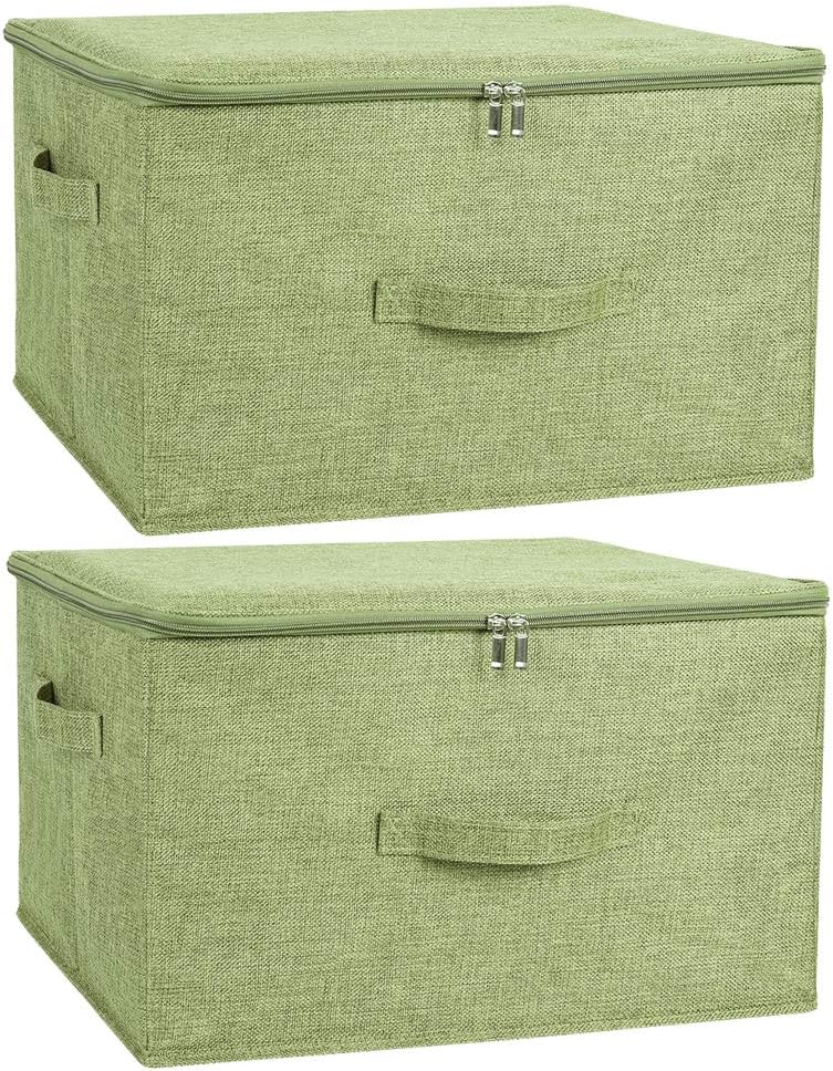 ANMINY 2PCS Storage Bins with Zipper Lids 36 Qt Lidded Fabric Storage Boxes Baskets Cubes with Handles Collapsible Washable Cotton Linen Closet Shelf Clothes Organizer Containers - Green, Large