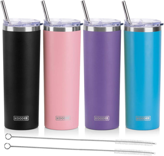 koodee 20 oz Tumbler with Lid and Straw-4 Pack Skinny Tumbler Stainless Steel Double Wall Insulated Coffee Cup (Sky Blue/Pink/Purple/Black