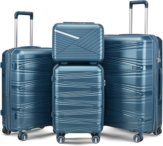 4-Piece Expandable Hardshell Luggage Set with TSA Lock (14/20/24/28) - Lightweight PP Suitcases, 360° Silent Spinner Wheels and Durable 100LB Handle for Air Travel (Peacock Blue)