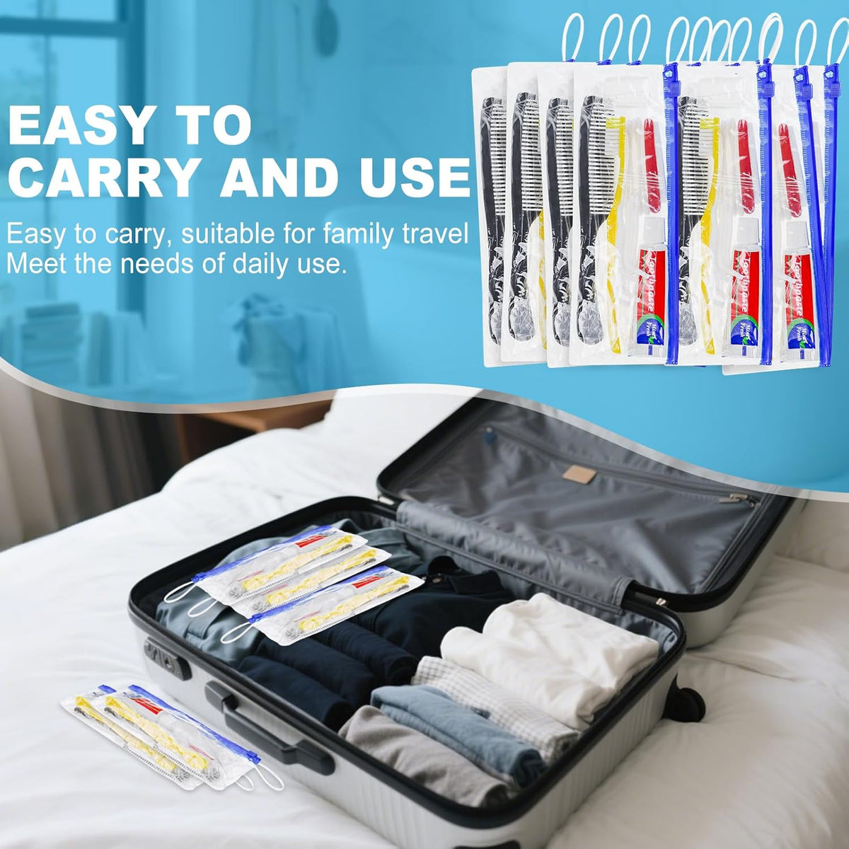 Personal Hygiene Kit Bulk Pack of 50,Yellow Disposable Toothbrushes with Toothpaste Floss Comb Cover and Hotel Vanity Set Basic Travel Toiletry Kit Supplies for Homeless,Charity,Guests