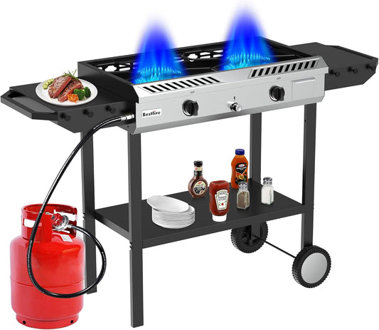 BESTFIRE 2 Burner Propane Gas Stove Outdoor Cooking Station – 150,000 BTU Double Cast Iron Burner with Auto Ignition, Regulator, Side Shelves & Wheels – Portable No-Windshield Design for Camping