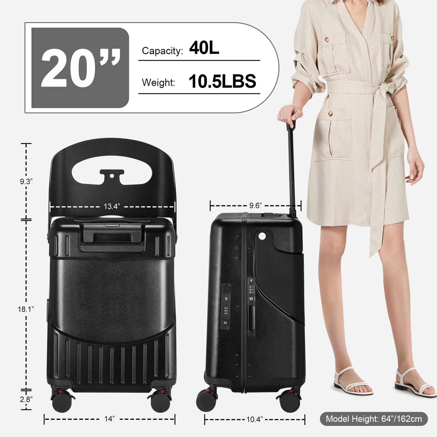Ride On Luggage with Foldable Seat for Kids&Adults with Seat Belt,Hardshell Ride On Suitcase with Front Pocket,Lockable 4-Spinner Wheels,USB Port,TSA Lock,20 inch,Black