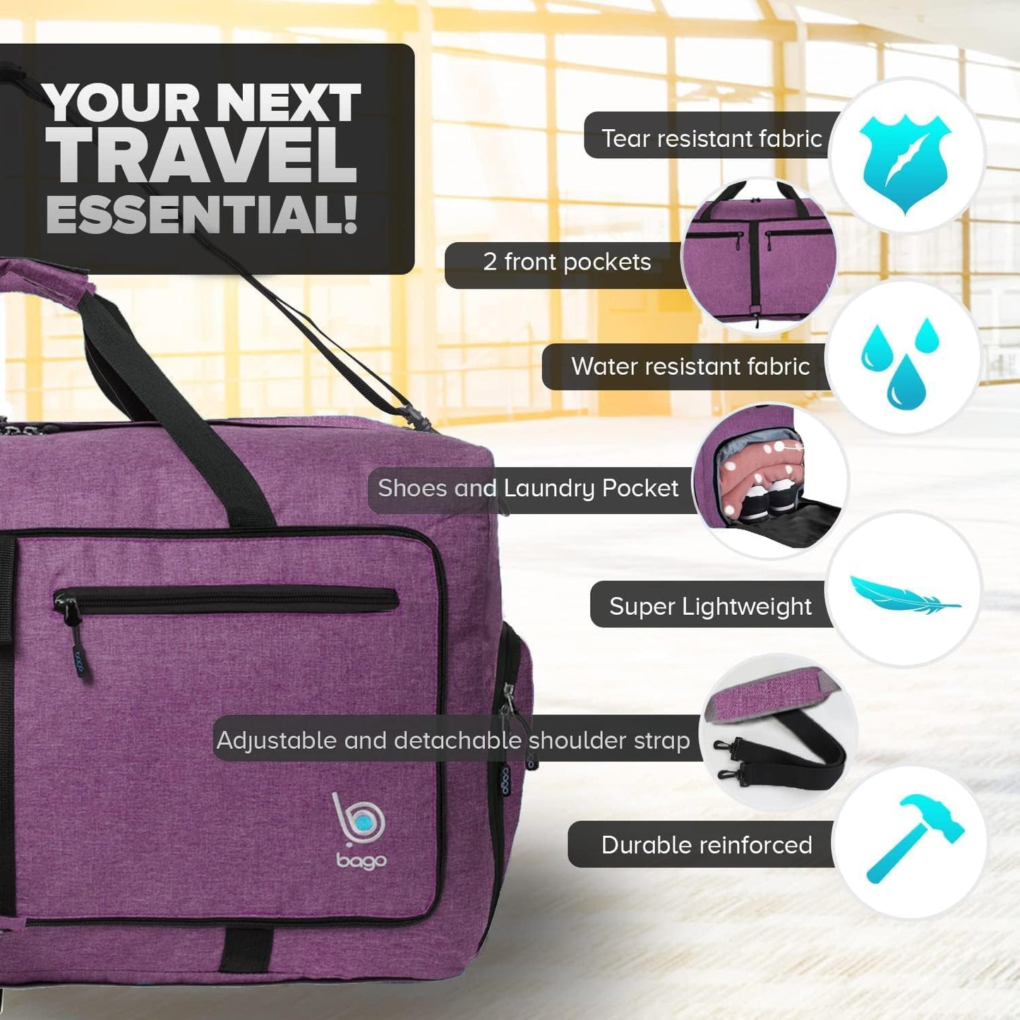 Bago Foldable Duffel Bags for Traveling Women & Men - 60L Medium Packable Duffle Bag for Travel with Shoe Compartment - Water Repellant, Heavy Duty, Lightweight Folding & Collapsible (SnowDepPurple)