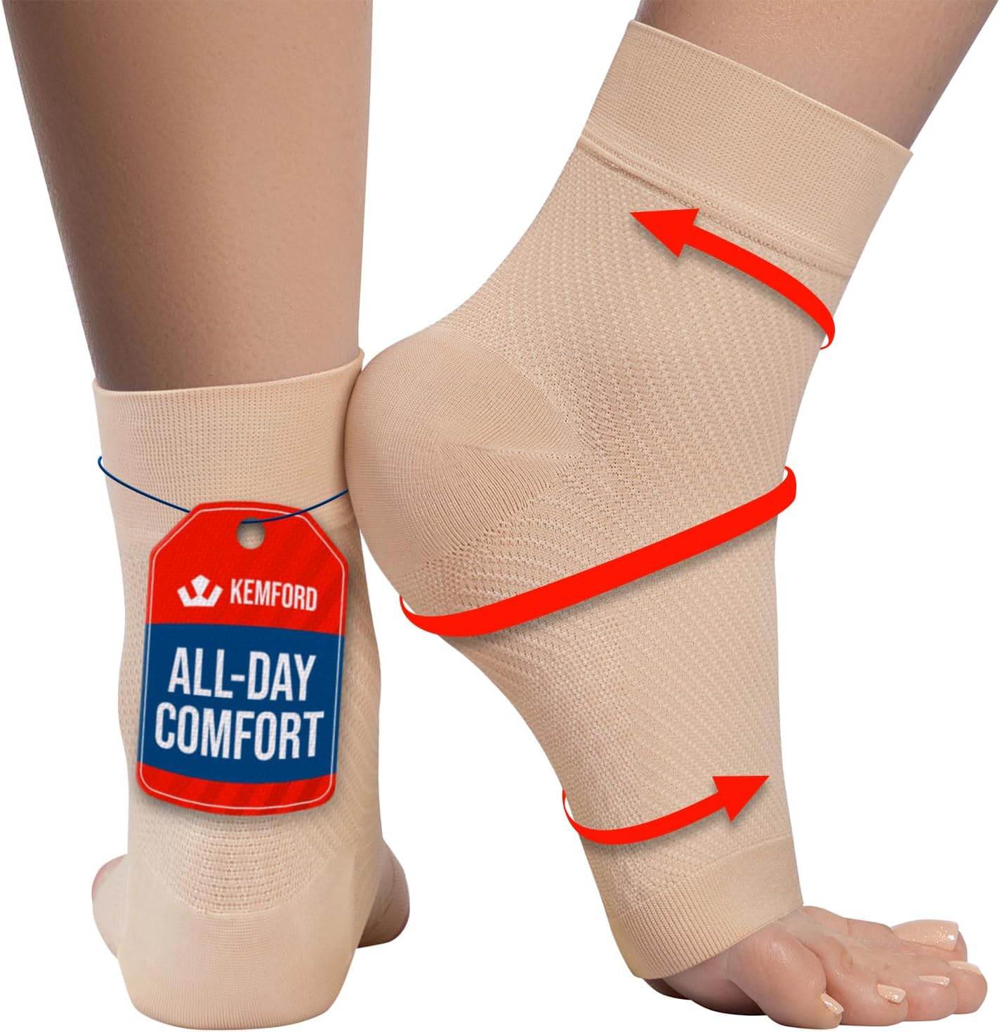 KEMFORD Ankle Compression Sleeve - Plantar Fasciitis Braces - Open Toe Compression Socks for Swelling, Sprain, Neuropathy, Foot Arch Support for Men and Women - 20-30mmhg, XL, Beige